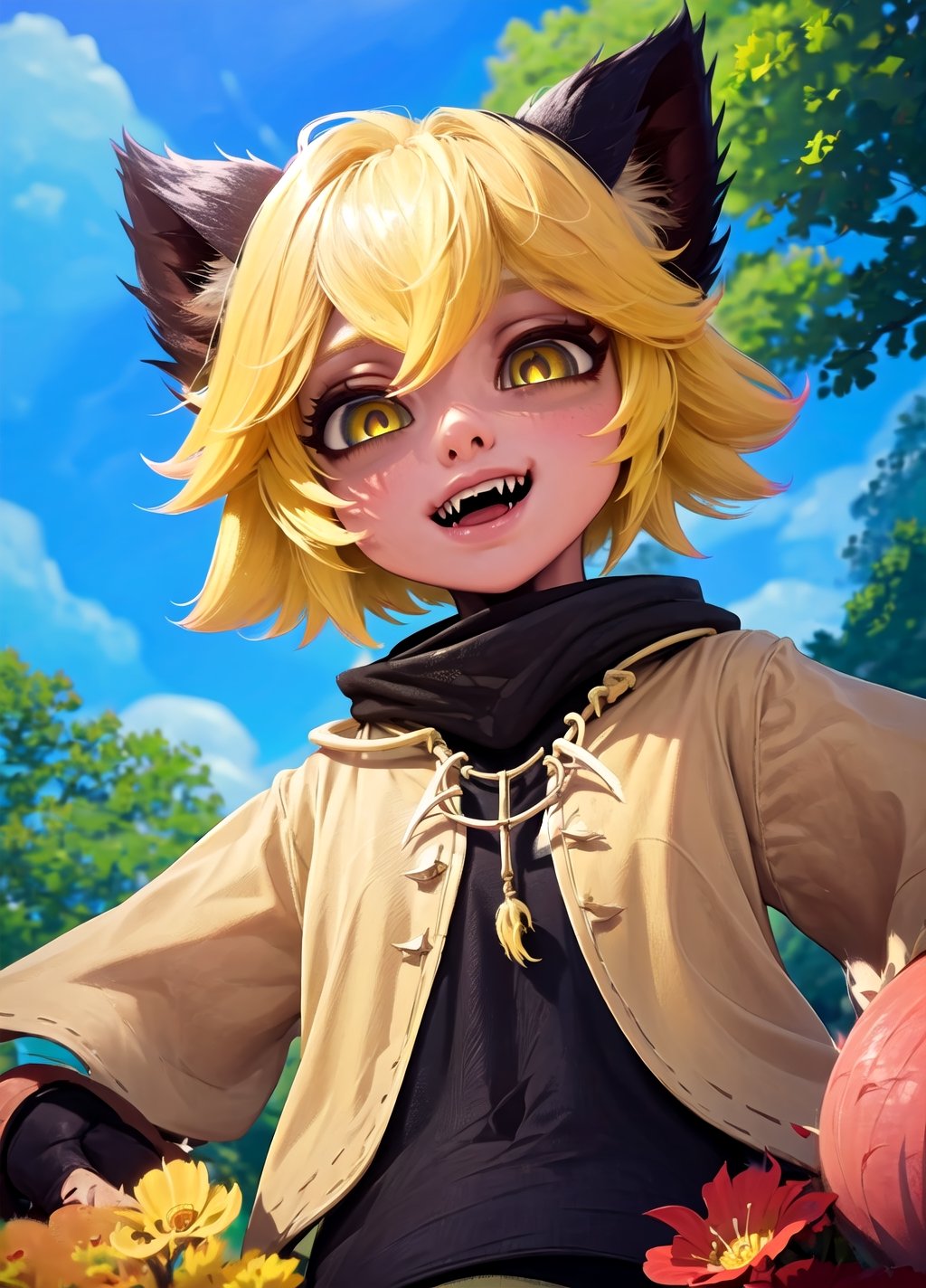 artwork, best quality, 1girl, yellow eyes, short hair, yellow hair, 1 hand on teeth, fangs, cat ears, short tail, trees, sky, deciduous flowers, looking at viewer, upper body, from below, looking at viewer ,coralinefilm,no_humans