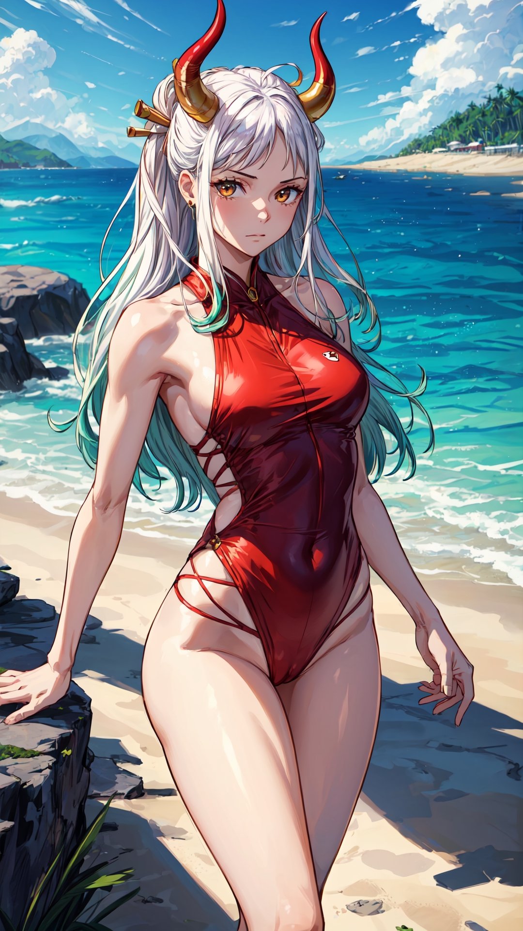 {(Yamato)}, 1girl, {(anime, 8k, masterpiece, best quality, best quality, beautiful and aesthetic, professional illustration, ultra detail, perfect lighting, perfect shadow, perfect sharpness, HDR)}, {( White hair with green tips, long hair, red horns on the head, beautiful hair, detailed hair, shining hair)}, {(golden eyes, very detailed eyes, beautiful eyes, shining eyes)}, {(detailed face, detailed nose, detailed mouth, beautiful face)}, {(athletic and sensual body, perfect body, perfect arms, perfect hands, perfect legs, detailed body, beautiful body)}, {(wearing red clothes, very detailed clothes, beautiful clothes) }, {(standing, Expression of happiness)}, {(paradise beach view, very detailed view, very beautiful view, high quality view)}, {(summer day, sunny, very detailed sky, high quality sky, clear sky beautiful, perfect sky)}, {(yamato\(one piece\))}