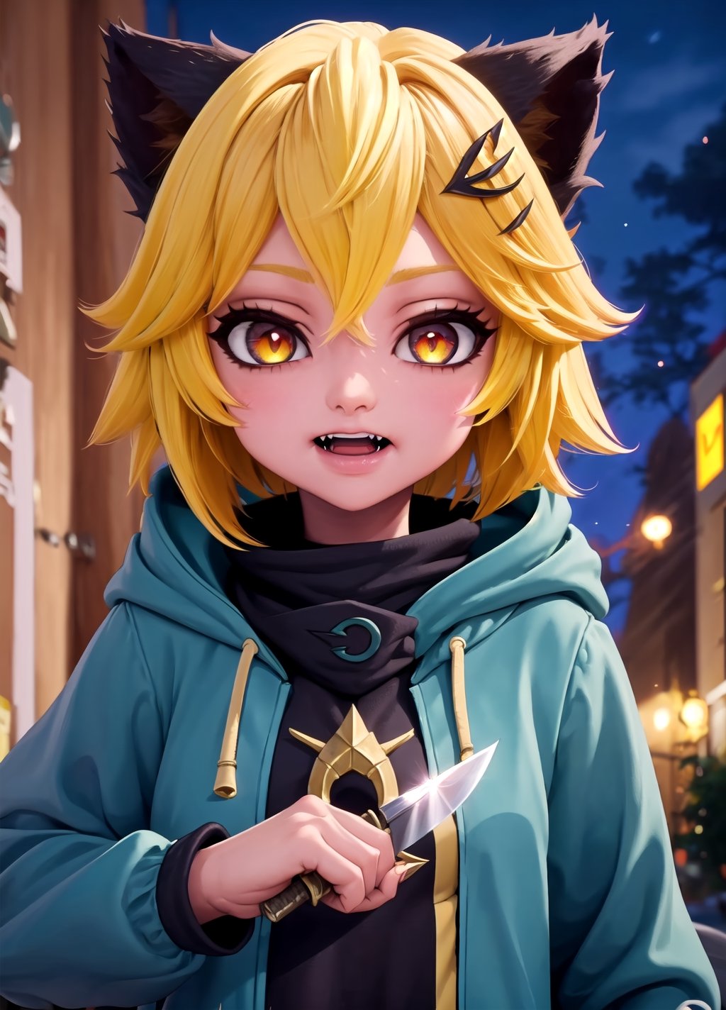artwork, best quality, 1girl, yellow eyes, short hair, yellow hair, fangs, cat ears, short tail, street, city, night, looking at viewer, upper body, knife weapon, hooded jacket, 2D,
