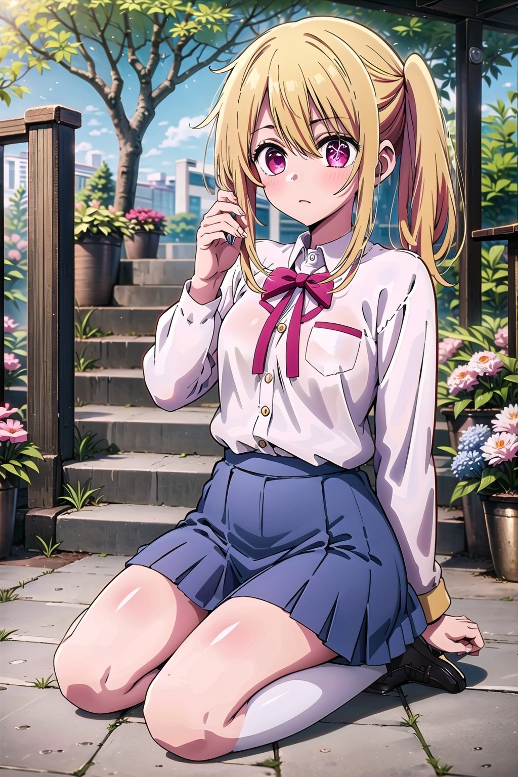 (masterpiece), 1 girl, RUBY, Hair tie, pink eyes, medium blonde hair, high school uniform, holding a skirt, full body, garden background, stairs, windy, Sit down, Karakter_Anime_Pake_Baju_SMA