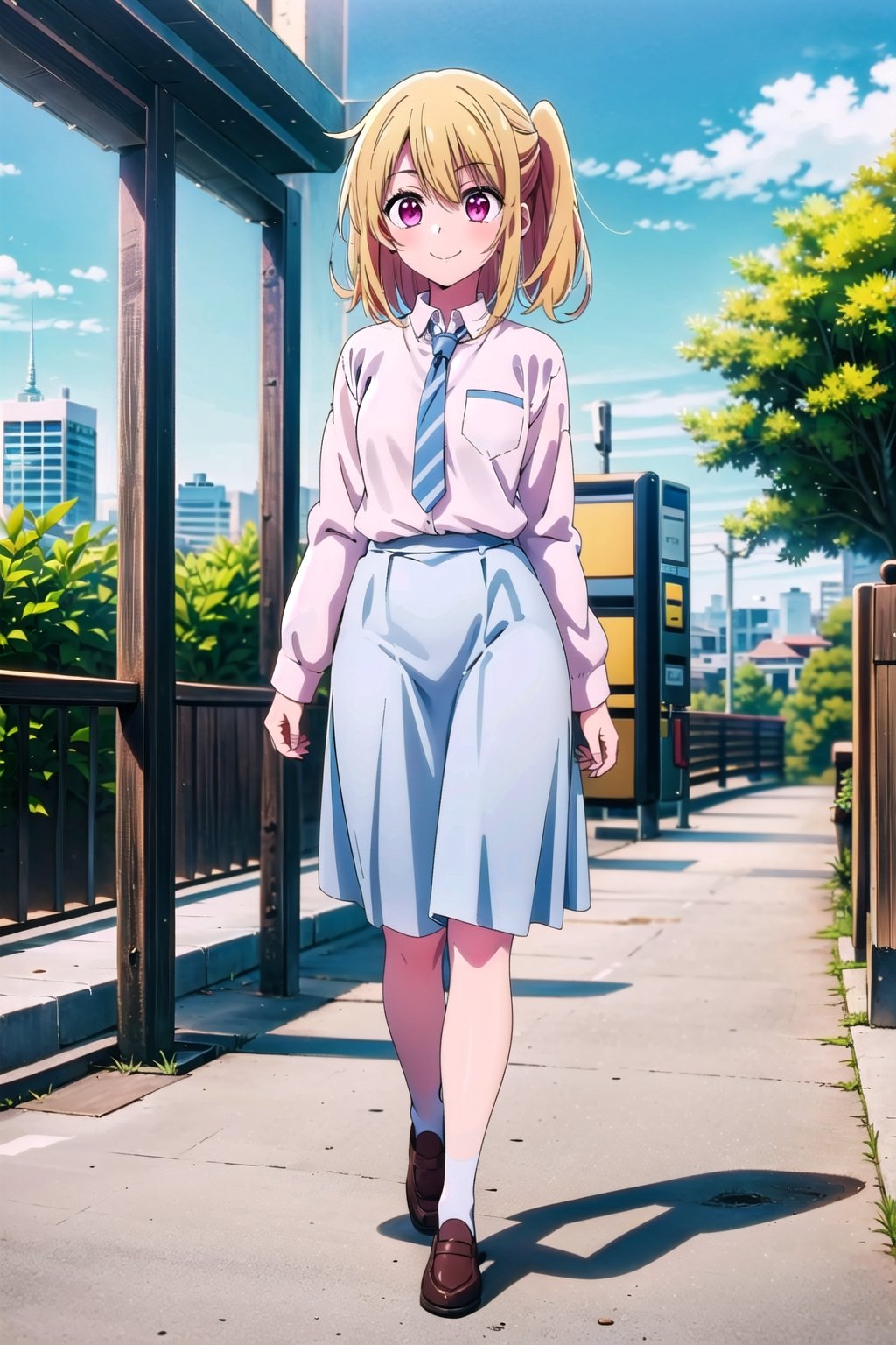 (masterpiece), 1 girl, RUBY, Hair tie, pink eyes, medium blonde hair, high school uniform, white long-sleeved shirt, light blue long skirt, long tie, full body, body bent, hands behind body, walking , Karakter_Anime_Pake_Baju_SMA, smile