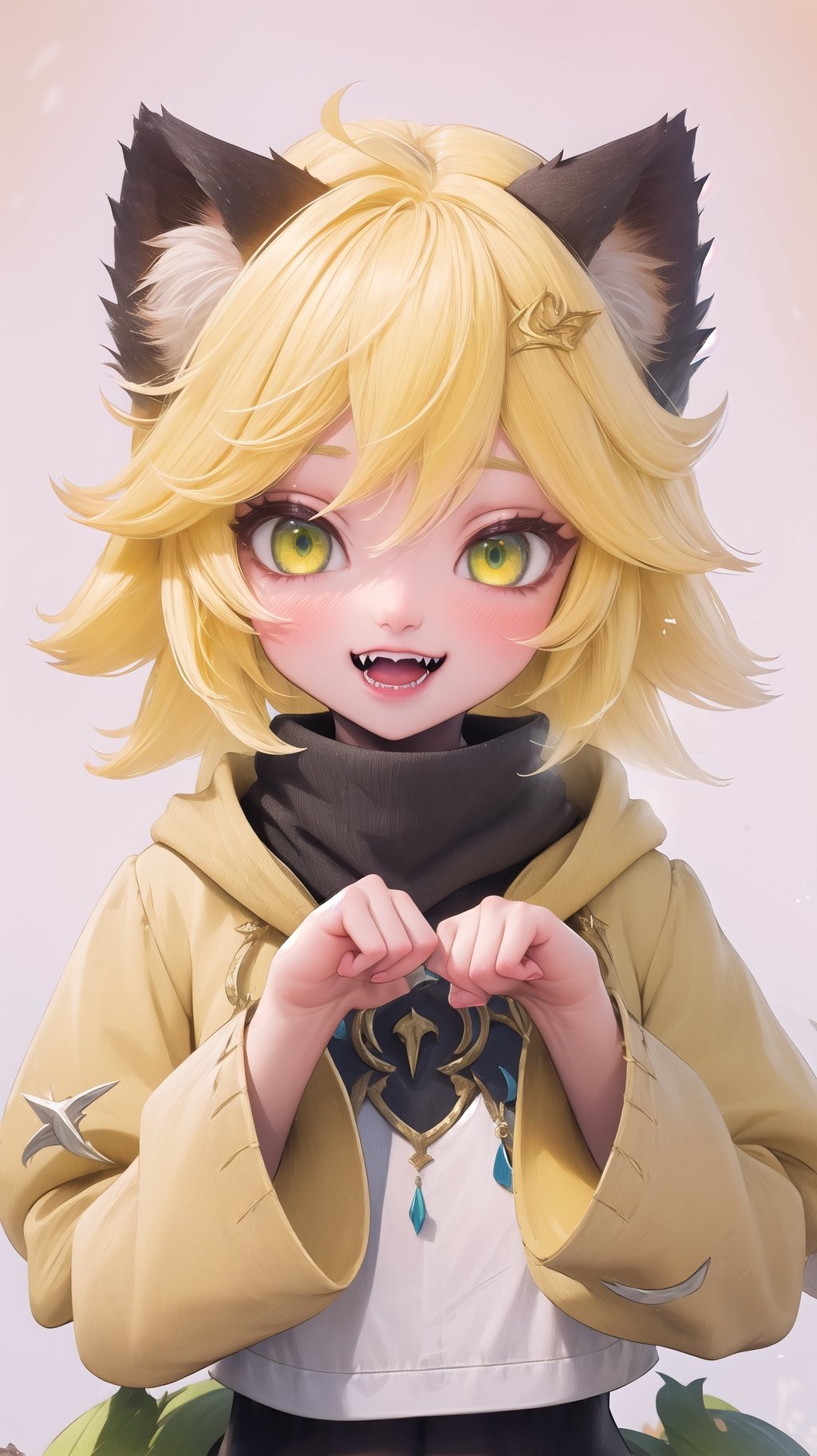 (masterpiece, top quality), intricate details, thin, ((slim)), beautiful girl, teenage woman, Yellow hair, white skin, light yellow eyes, cat ears, sharp jawline, cropped jacket, messy hair, lips , fangs, upper body, almost awake, grinning, happy, excited pet pose