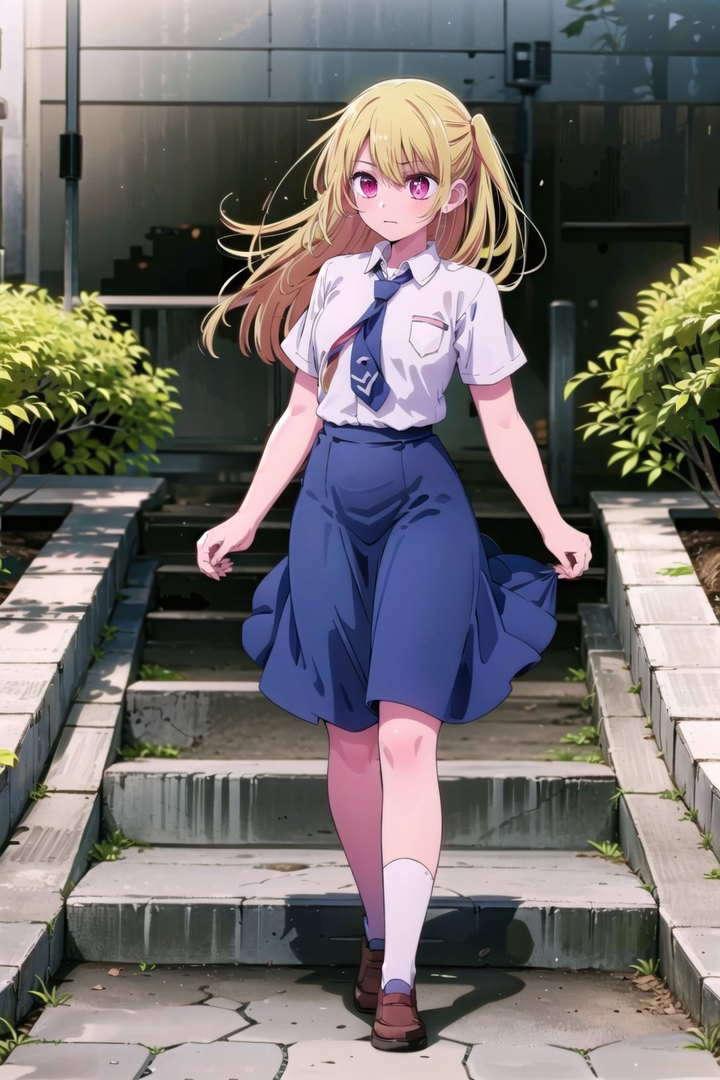 (masterpiece), 1 girl, RUBY, Hair tie, pink eyes, medium blonde hair, high school uniform white shirt, light blue tie, medium light blue skirt, holding skirt, full body, garden background, stairs, windy, sm4c3w3k