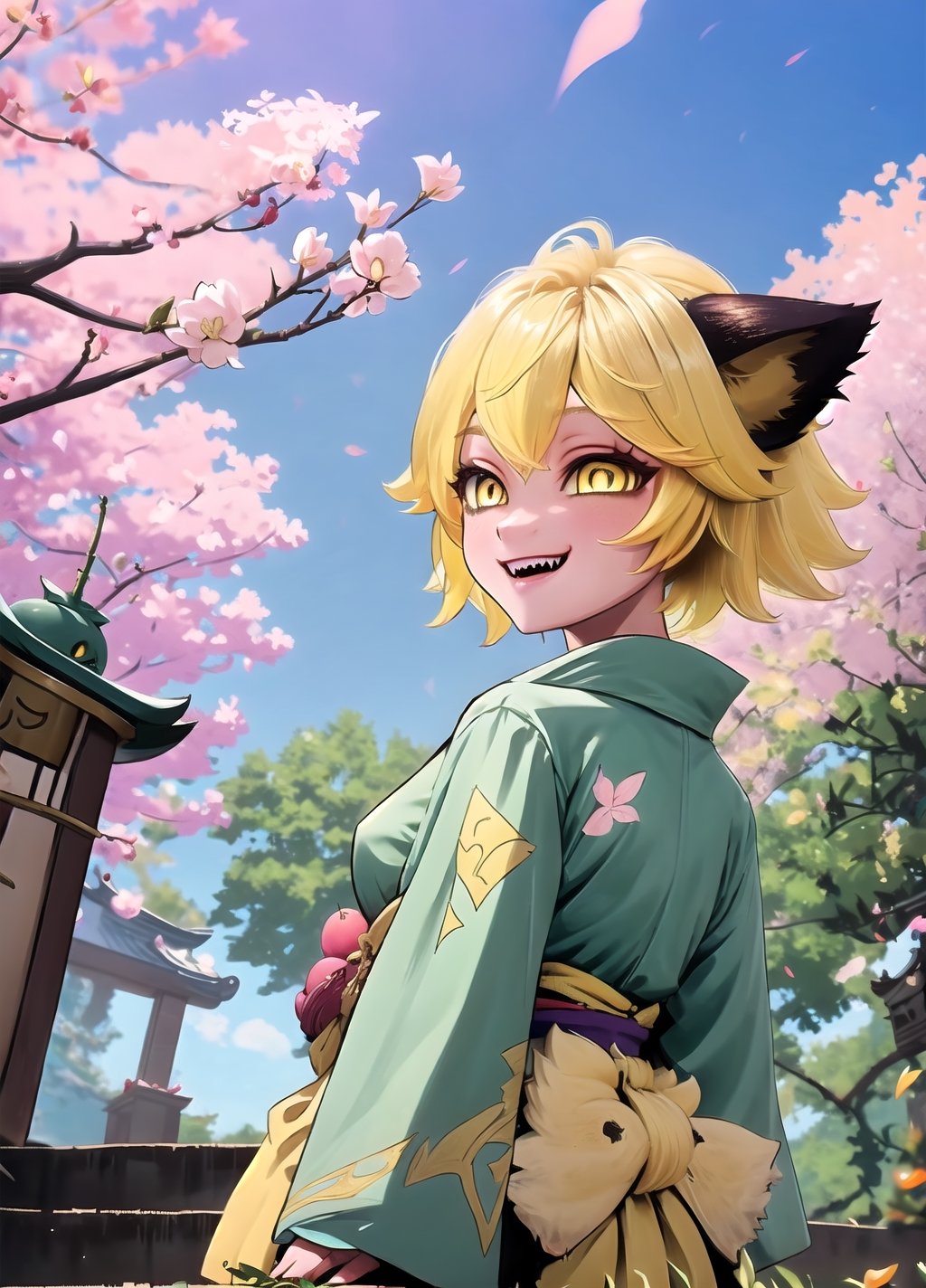 artwork, best quality, 1girl, yellow eyes, short hair, yellow hair, grin with fangs, cat ears, trees, stairs, standing, kimono, sky, cherry blossoms, temple, looking at viewer, upper body, from below, looking back,joyml,glitter