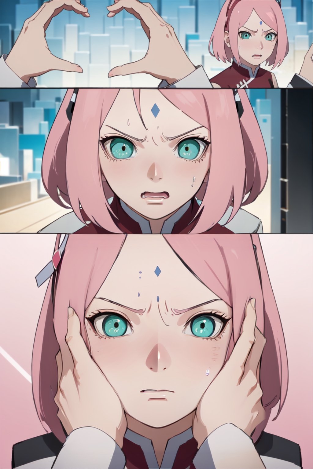 1 girl, cute face, cute eyes, Highly detailed, High Quality, Masterpiece, beautiful, IncrsSnootChallenge, comic, pov hands, , Twitter-chan, hair ornament, white shirt, , annoyed, angry, ,IncrsSnootChallenge,haruno sakura