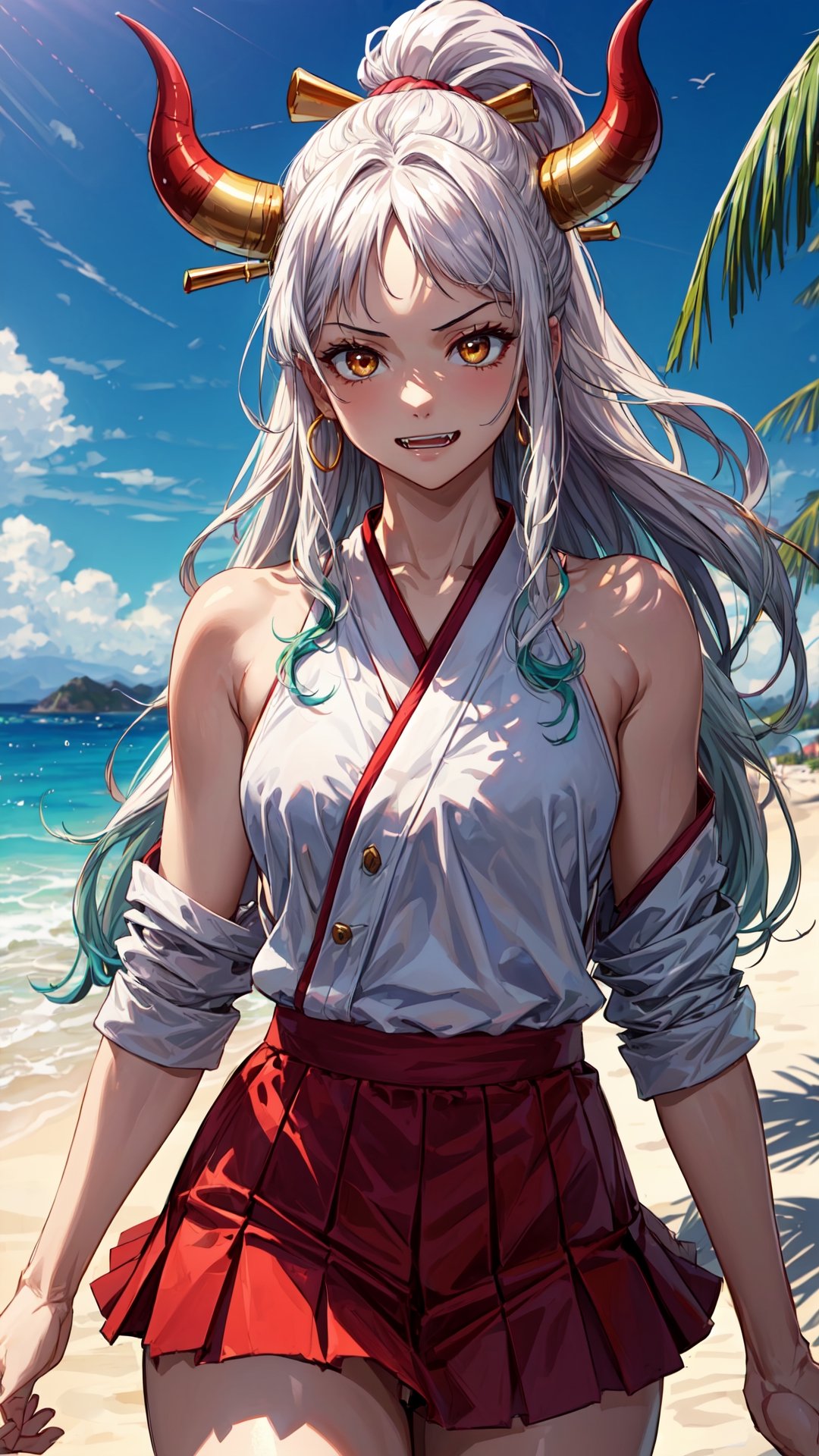 {(Yamato)}, 1girl, Sexy girl, {(anime, 8k, masterpiece, best quality, best quality, beautiful and aesthetic, professional illustration, ultra detail, perfect lighting, perfect shadow, perfect sharpness, HDR)}, {( White hair with green tips, long hair, red horns on the head, beautiful hair, detailed hair, shining hair)}, {(golden eyes, very detailed eyes, beautiful eyes, shining eyes)}, {(detailed face, detailed nose, detailed mouth, beautiful face)}, {(athletic and sensual body, perfect body, perfect arms, perfect hands, perfect fangs, perfect legs, detailed body, beautiful body)}, {(wearing red clothes, jk skirts, very clothes detailed, beautiful clothes) }, {(standing, Expression of happiness)}, {(paradise beach view, very detailed view, very beautiful view, high quality view)}, {(summer day, sunny, very detailed sky , high quality sky, beautiful sky,perfect sky)}, {(yamato\(one piece\))}