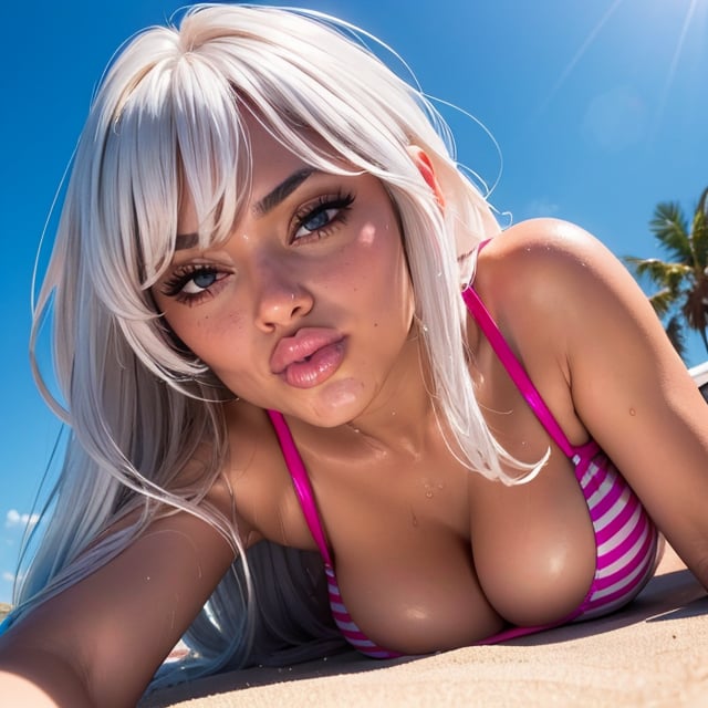 (best detailed), (best lighting), (ultra-detailed), (best quality), 1woman, laying on front in sand, facing camera, long_white_hair, bangs, medium_breasts, pink_striped_bikini, wet_clothes, glistening_skin, looking_at_camera, both_eyes_closed, close_up,pouting