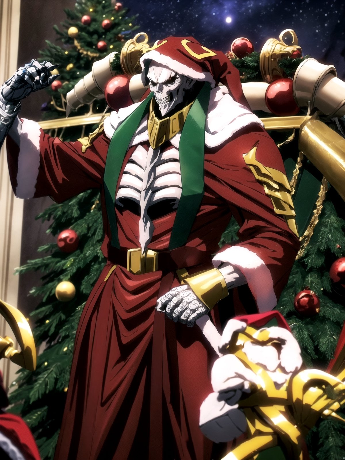 1boy, intricate design, santa costume, (santa's home, decorate santa house, Decorate the Christmas tree),Christmas,Ainz, overlord, high laughter