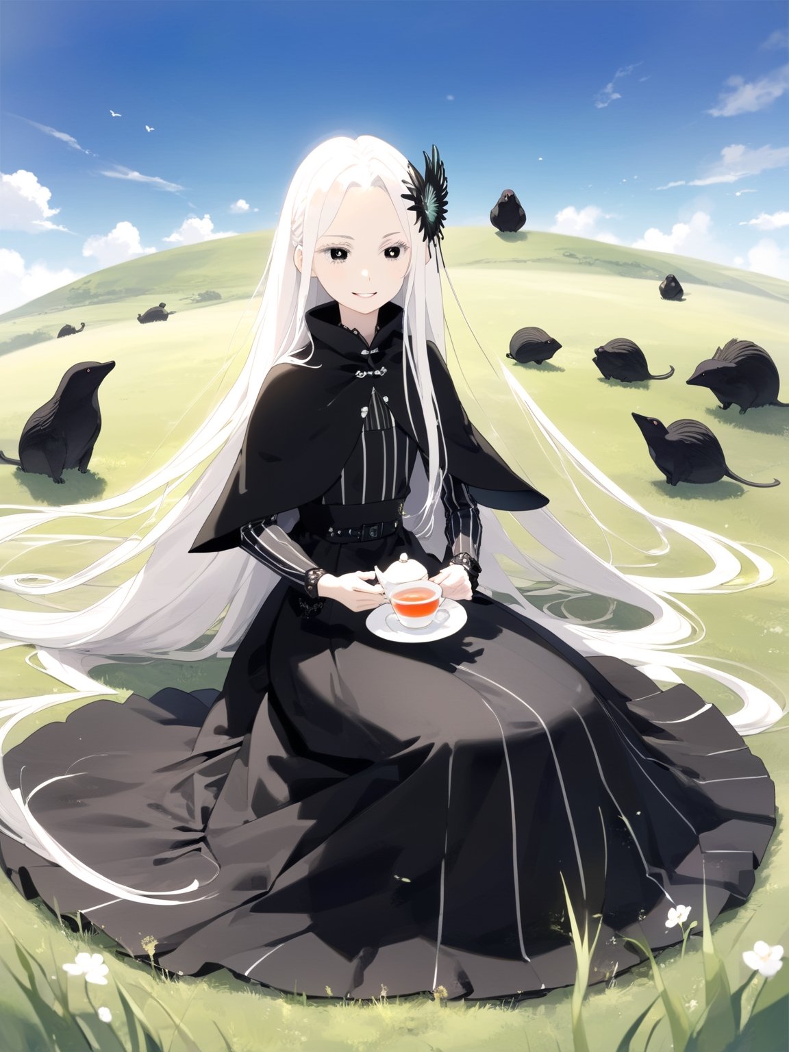 //Quality,
masterpiece, best quality, detailed
,//Character,
solo,echidna_rezero, 1girl, very long hair, white hair, black eyes, colored eyelashes
,//Fashion,
long sleeves, striped, black dress, long dress, hair ornament, black capelet
,//Background,
grassland, tea time
,//Others,
smile