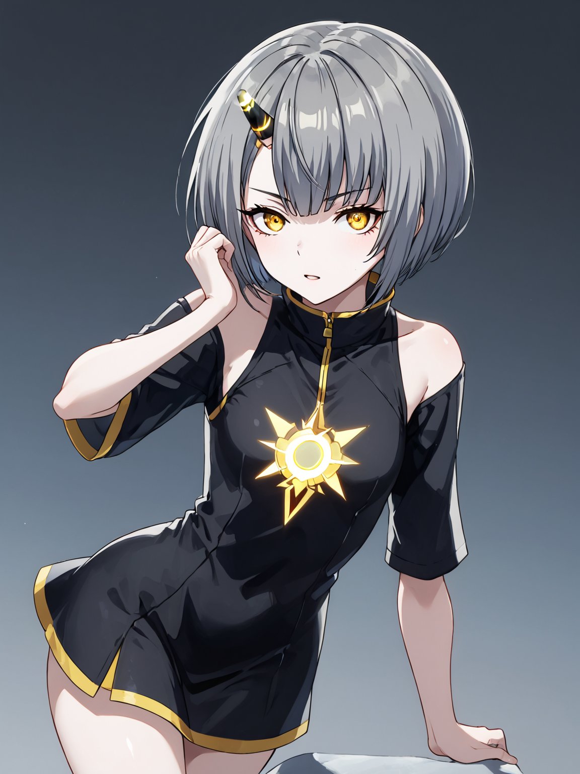 best quality, 8k, 8k UHD, ultra-high resolution, ultra-high definition, highres
,//Character, 
1girl, solo
,//Fashion, 
,//Background, 
,//Others, ,Expressiveh, 
Ataru, short hair, grey hair, yellow eyes, heterochromia, glowing, single horn, dress, legs,
A martial artist mid-kick, her gi revealing a glimpse of athletic physique.