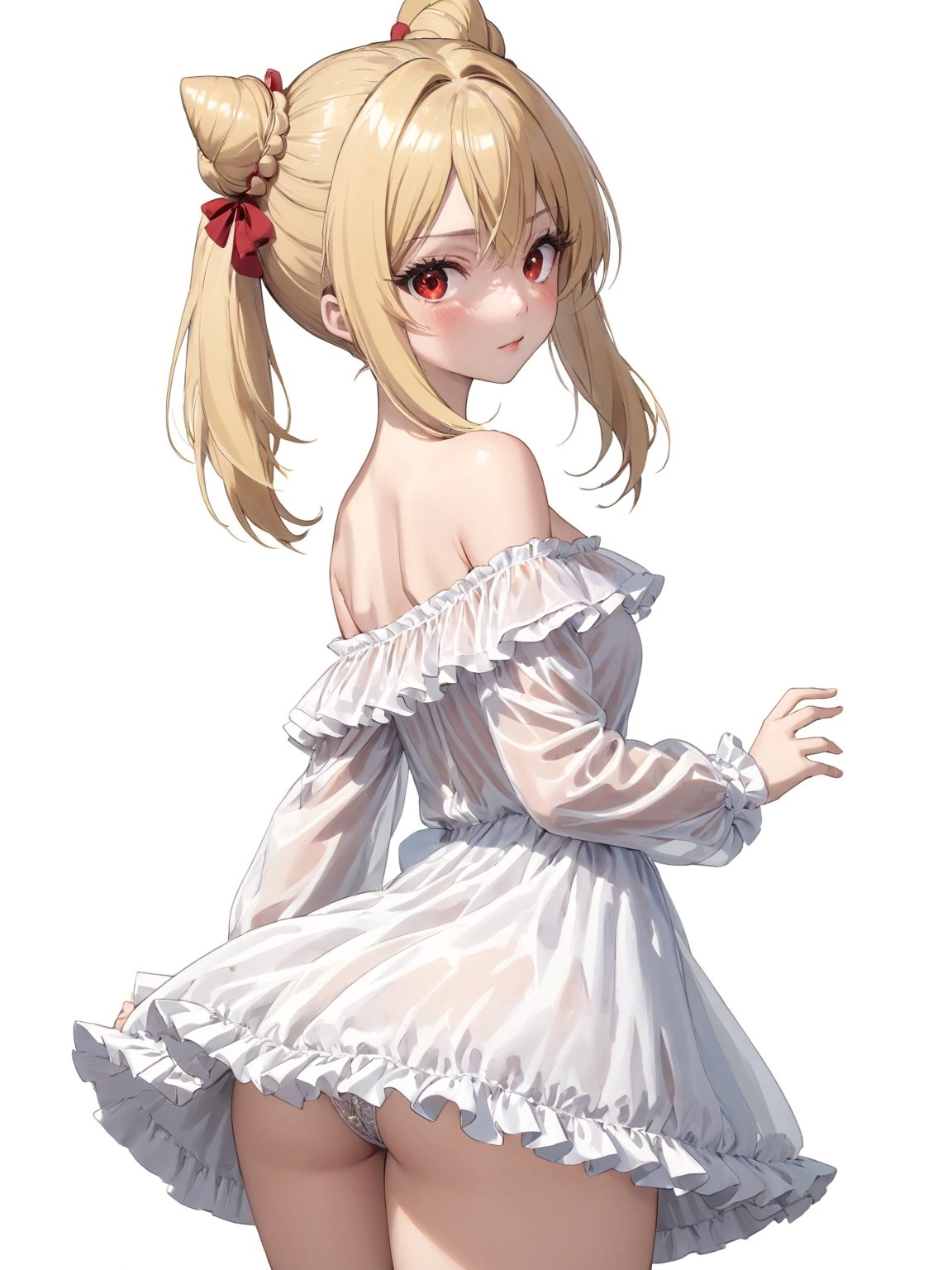 //Quality, masterpiece, best quality, detailmaster2, 8k, 8k UHD, ultra detailed, ultra-high resolution, ultra-high definition, highres, 
//Character, 1girl, solo,Terakomari, long hair, blonde hair, red eyes, ahoge, 
//Fashion, frills, off shoulder, hair bun, white dress, see-through, off-shoulder dress,
//Background, white background, 
//Others, 