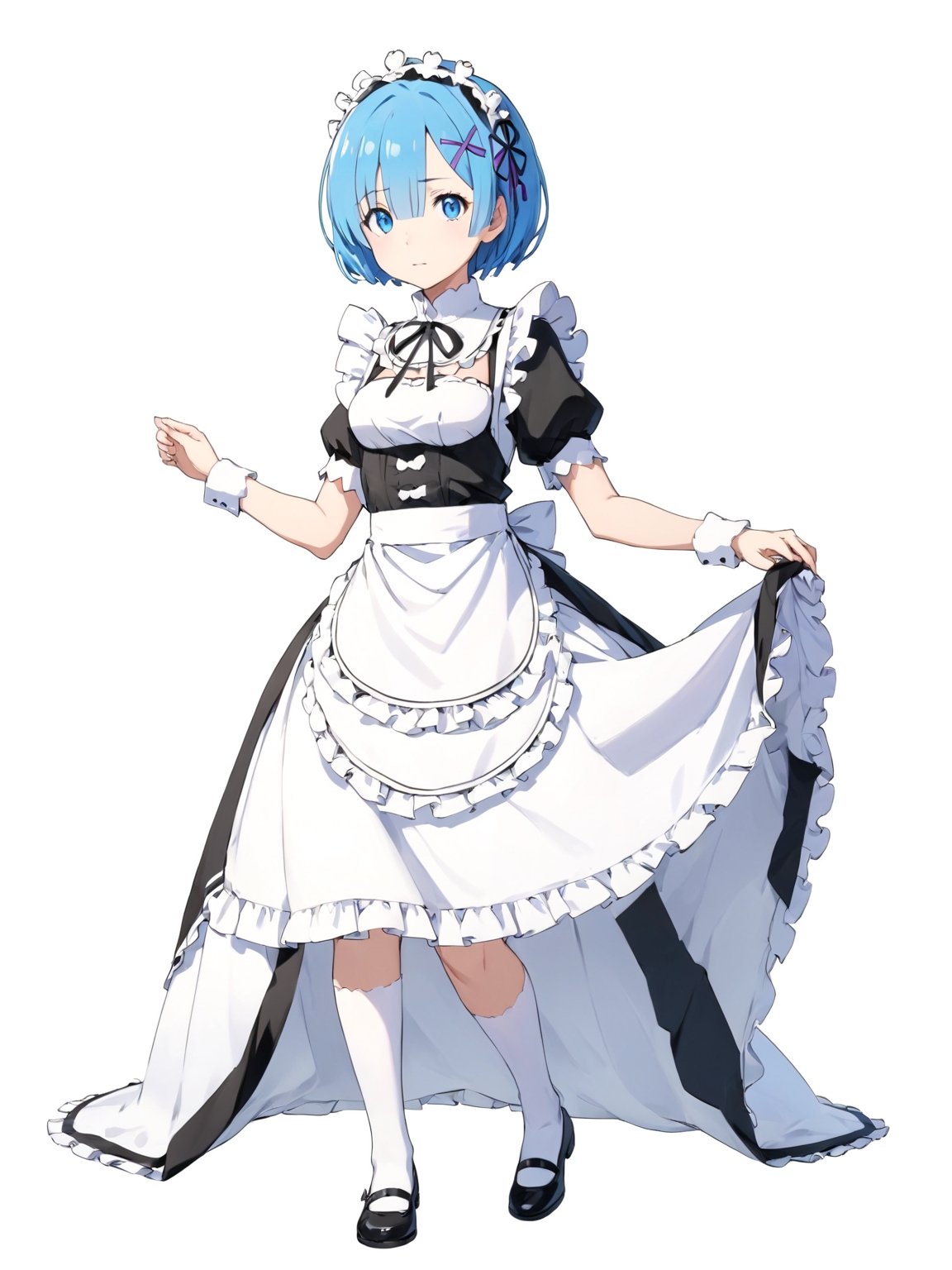 //Quality,
masterpiece, best quality, detailed
,//Character,
solo,rem \(re_zero\), 1girl, blue eyes, blue hair, short hair
,//Fashion,
roswaal mansion maid uniform, hair ribbon
,//Background,
white_background, simple_background
,//Others,
full_body