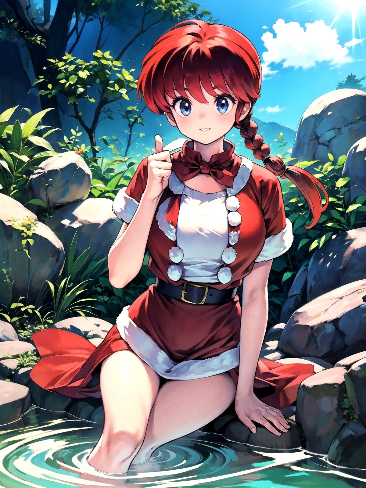 1girl, solo, Hot springs, Ranma style, female Santa,RanmaChan, red_hair