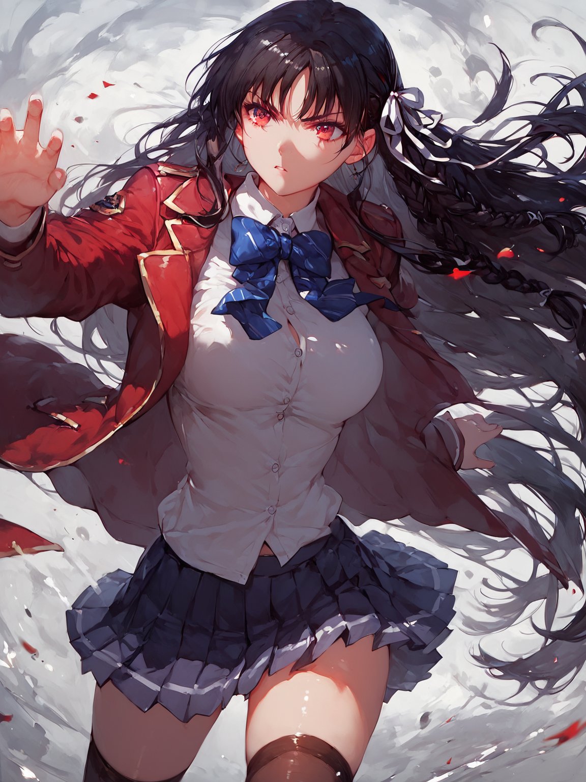 score_9,score_8_up,score_7_up,score_6_up, masterpiece, best quality, 8k, 8k UHD, ultra-high resolution, ultra-high definition, highres
,//Character, 
1girl, solo, long hair, black hair, shiny hair, red eyes, bangs, braid
,//Fashion, 
school uniform, red jacket, hair ribbon, white shirt, pleated skirt, thighhighs
,//Background, white_background
,//Others, ,Expressiveh,
fighting stance, dynamic pose,suzune horikita