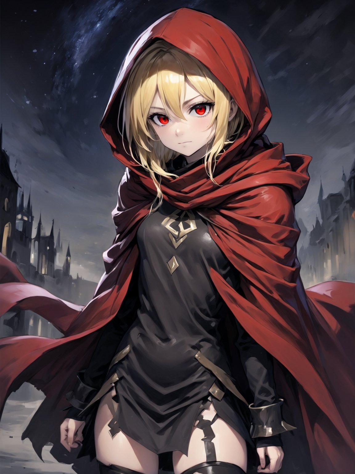 //Quality,
masterpiece, best quality, detailed
,//Character,
,Evileye \(overlord\), 1girl, solo, blonde hair, red eyes, hair between eyes, small breasts
,//Fashion,
hood, black dress, torn clothes, covered navel, red cloak, hooded cloak, black thighhighs, torn thighhighs, boots, black footwear
,//Background,
night_sky, starry_sky
,//Others,
hood down, arms at sides