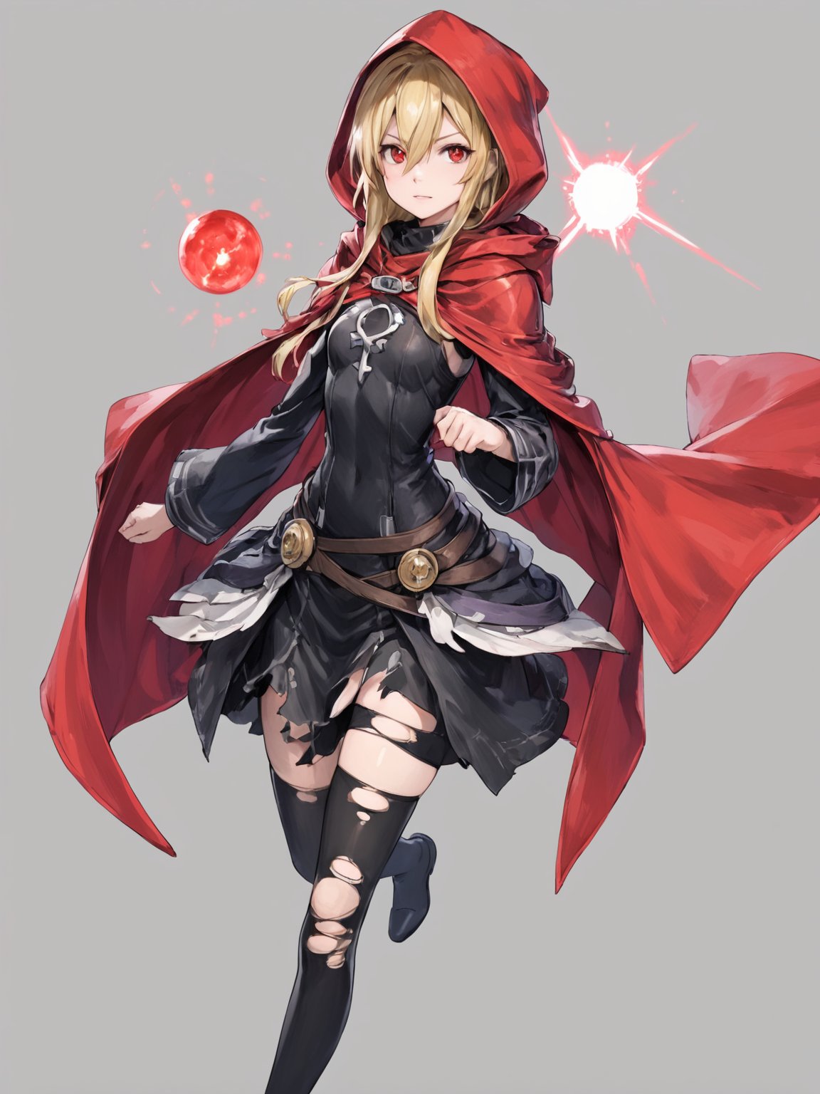 score_9,score_8_up,score_7_up,score_6_up, masterpiece, best quality, 8k, 8k UHD, ultra-high resolution, ultra-high definition, highres
,//Character, 
1girl, solo,Evileye \(overlord\), blonde hair, red eyes, hair between eyes, small breasts
,//Fashion, 
hood, black dress, torn clothes, covered navel, red cloak, hooded cloak, black thighhighs, torn thighhighs, 
hood up
,//Background, white_background
,//Others, ,Expressiveh,
dynamic pose, energy ball charging