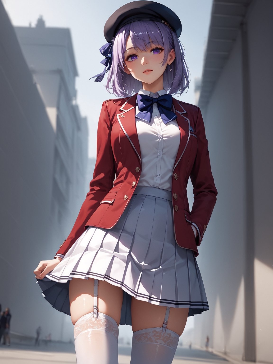 score_9,score_8_up,score_7_up,score_6_up, masterpiece, best quality, detailmaster2, 8k, 8k UHD, ultra detailed, ultra-high resolution, ultra-high definition, highres
,//Character, 1girl, solo
,//Fashion, 
,//Background, white_background
,//Others, ,Expressiveh
,SakayanagiArisu, medium_hair, shiny_hair, purple_eyes,
school_uniform, red_jacket, bowtie, hair_ribbon, black_hat, white_shirt, pleated_skirt, white_skirt, white_thighhighs, garter_straps