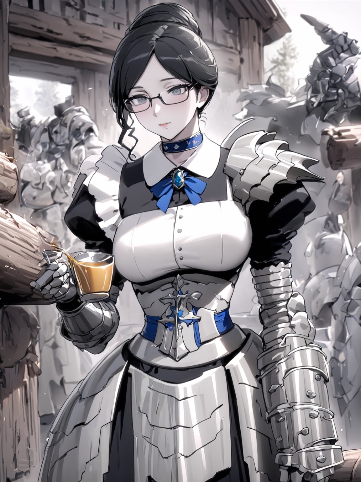 //Quality,
masterpiece, best quality, detailed
,//Character,
,Yuri Alpha \(overlord\), 1girl, solo, grey eyes, glasses, black hair, hair bun, breasts
,//Fashion,
dress, broach, choker, maid, armor, gauntlets, corset
,//Background,
log house, pouring tea
,//Others,
