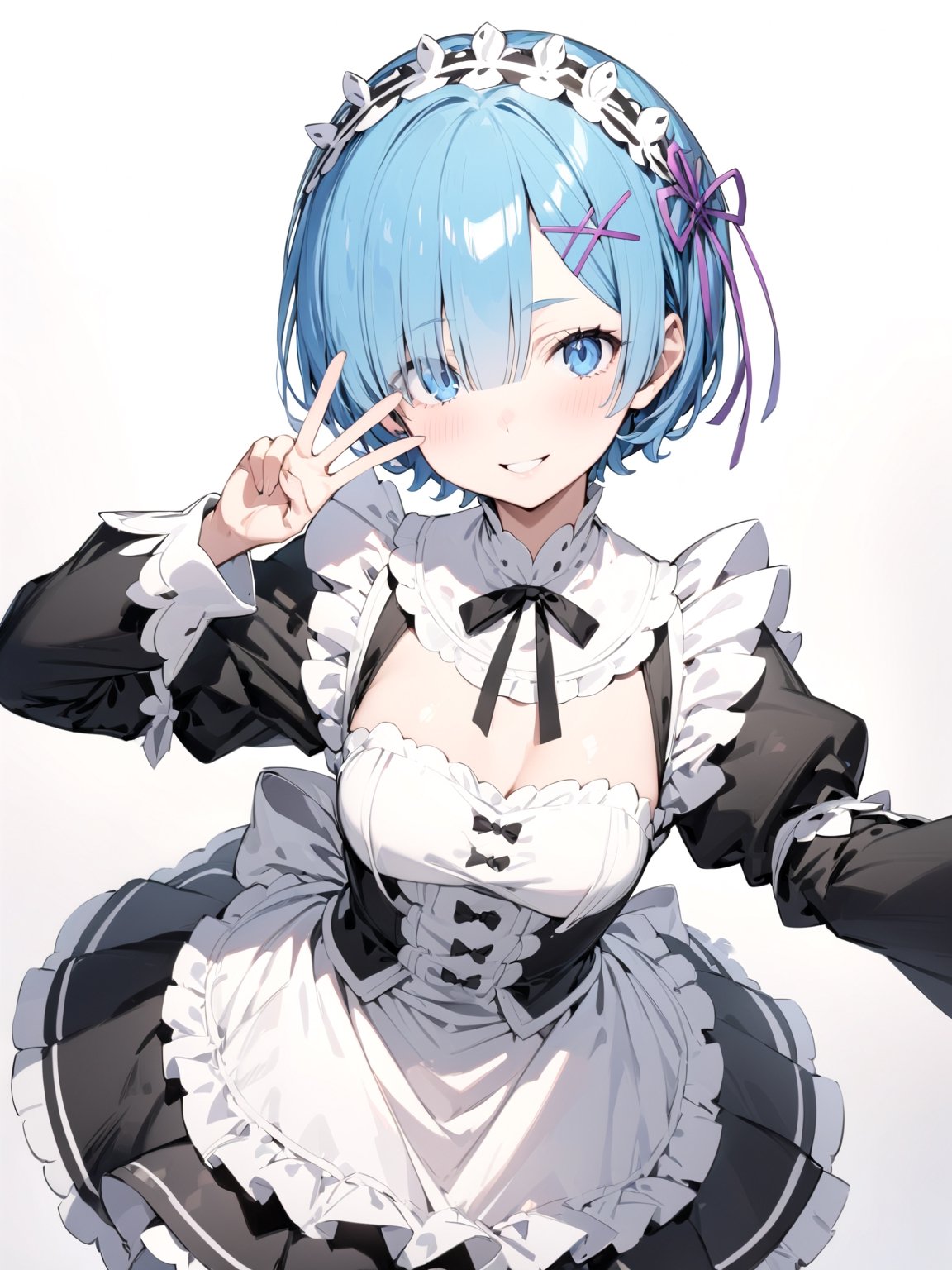 //Quality,
masterpiece, best quality, detailed
,//Character,
solo,rem \(re_zero\), 1girl, blue eyes, blue hair, short hair
,//Fashion,
roswaal mansion maid uniform, hair ribbon
,//Background,
white_background, simple_background
,//Others,
smile, V