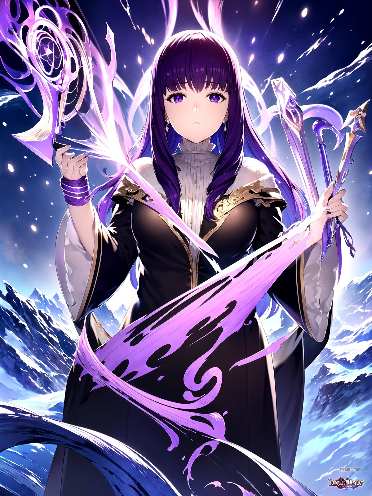 (masterpiece, top quality, best quality, official art, beautiful and aesthetic:1.2), 1girl, standing, hands up, close-up, magic, light rays, girl, snowy mountain, magician's wand, magician, spell magic, style-swirlmagic:0.8, (using dark magic:1.4),fern, purple_hair, purple_eyes