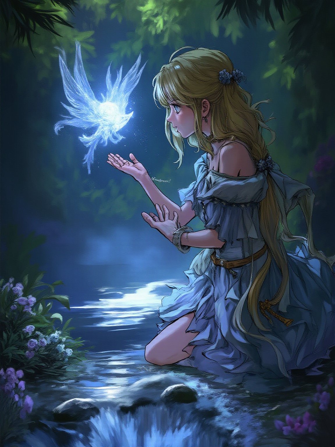 best quality, 8k, 8k UHD, ultra-high resolution, ultra-high definition, highres
,//Character, 
1girl, solo
,//Fashion, 
dress
,//Background, 
,//Others, ,Expressiveh,
The same girl kneeling by a sparkling stream in the forest. She's reaching out to touch a glowing, fairy-like creature hovering above the water. The creature emits a soft blue light. The girl's expression is one of wonder and curiosity.