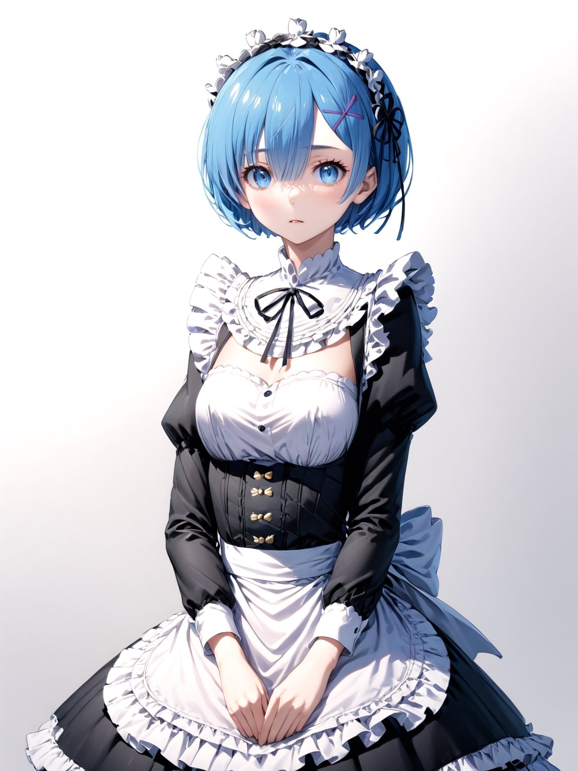 masterpiece, best quality, detailmaster2, 8k, 8k UHD, ultra detailed, ultra-high resolution, ultra-high definition, highres, 
//Background, white_background,
//Character, ,rem \(re_zero\), 1girl, solo, blue eyes, blue hair, short hair, 
//Fashion, ,roswaal mansion maid uniform, hair ribbon
//Others, ,score_6_up