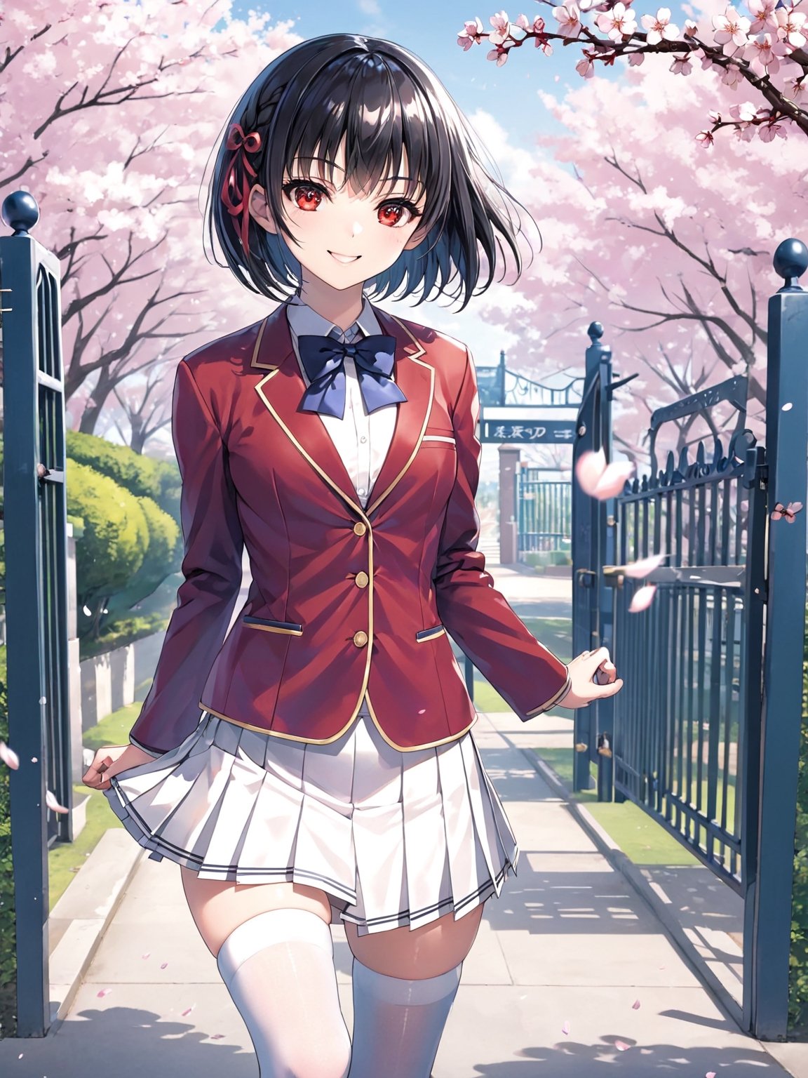 //Quality,
masterpiece, best quality, detailed
,//Character,
,HorikitaSuzune, 1girl, solo, short hair, black hair, shiny hair, red eyes, bangs, braid
,//Fashion,
school uniform, red jacket, hair ribbon, white shirt, pleated skirt, thighhighs
,//Background,
Cherry blossoms, school gate
,//Others,
graduation, smile