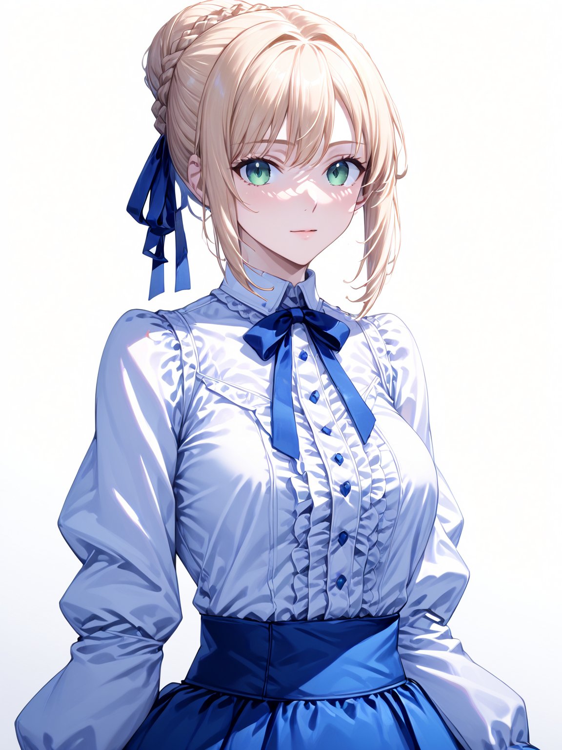 masterpiece, best quality, ultra-high resolution, ultra-high definition, highres
,//Character, 1girl, solo
,//Fashion, 
,//Background, white_background
,//Others, ,Expressiveh,
,ArtoriaPendragon, blonde hair, green eyes, sidelocks, braid, hair bun, ahoge, hair ribbon,
white shirt, blue skirt