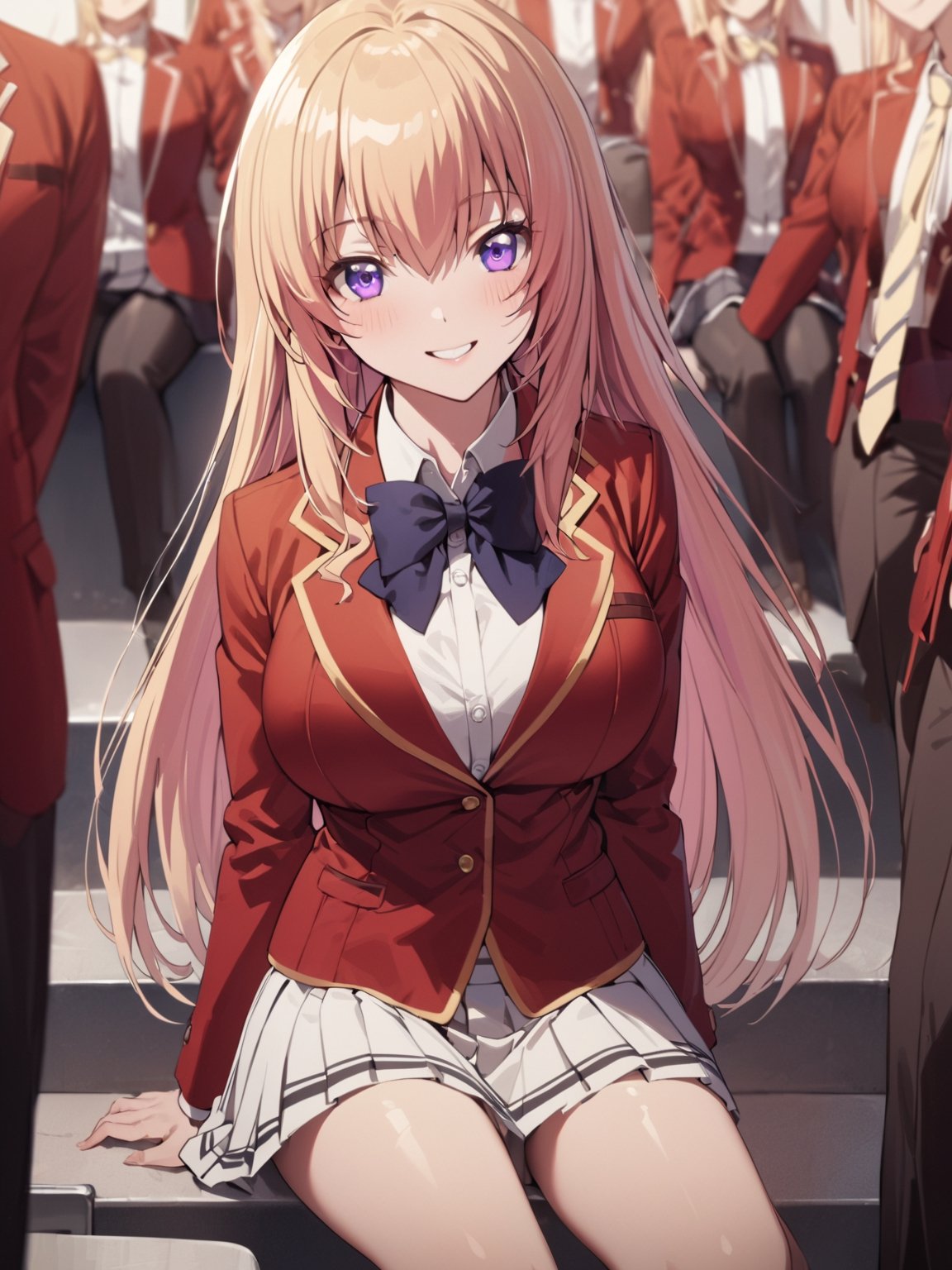 //Quality,
masterpiece, best quality, detailed
,//Character,
1girl, solo,ichinose honami, purple eyes , long hair, blonde hair
,//Fashion,
, school uniform, bow tie, red jacket, white skirt, pleated skirt
,//Background,
school stairs
,//Others,
sitting, smile