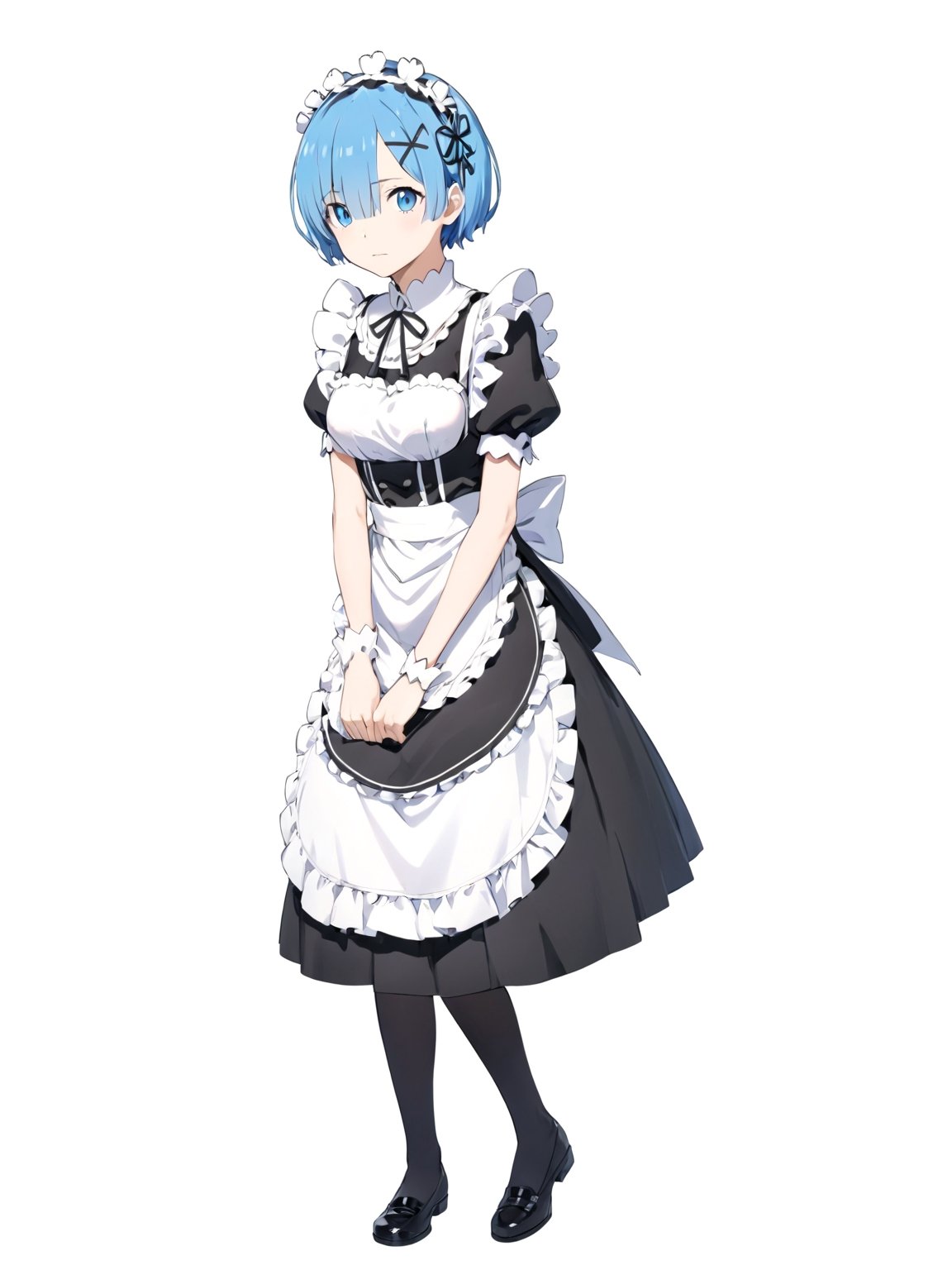 //Quality,
masterpiece, best quality, detailed
,//Character,
solo,rem \(re_zero\), 1girl, blue eyes, blue hair, short hair
,//Fashion,
roswaal mansion maid uniform, hair ribbon
,//Background,
white_background, simple_background
,//Others,
full_body