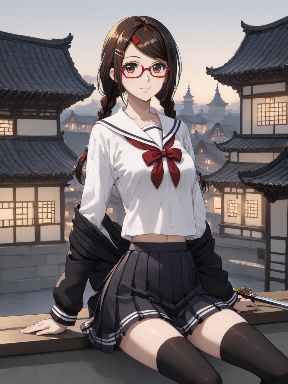 masterpiece, best quality, highres
,//Character, 
1girl, solo,SakimiyaMisaki, brown hair, twin braids, brown eyes, glasses, red-framed eyewear
,//Fashion, 
school uniform, hair ornament, hairclip, pleated skirt, black thighhighs
,//Background, 
,//Others, ,Expressiveh, 
A twin-tailed assassin girl perched on a rooftop, observing a medieval fantasy city at night.,Samurai_Girl, weapon, holding_weapon