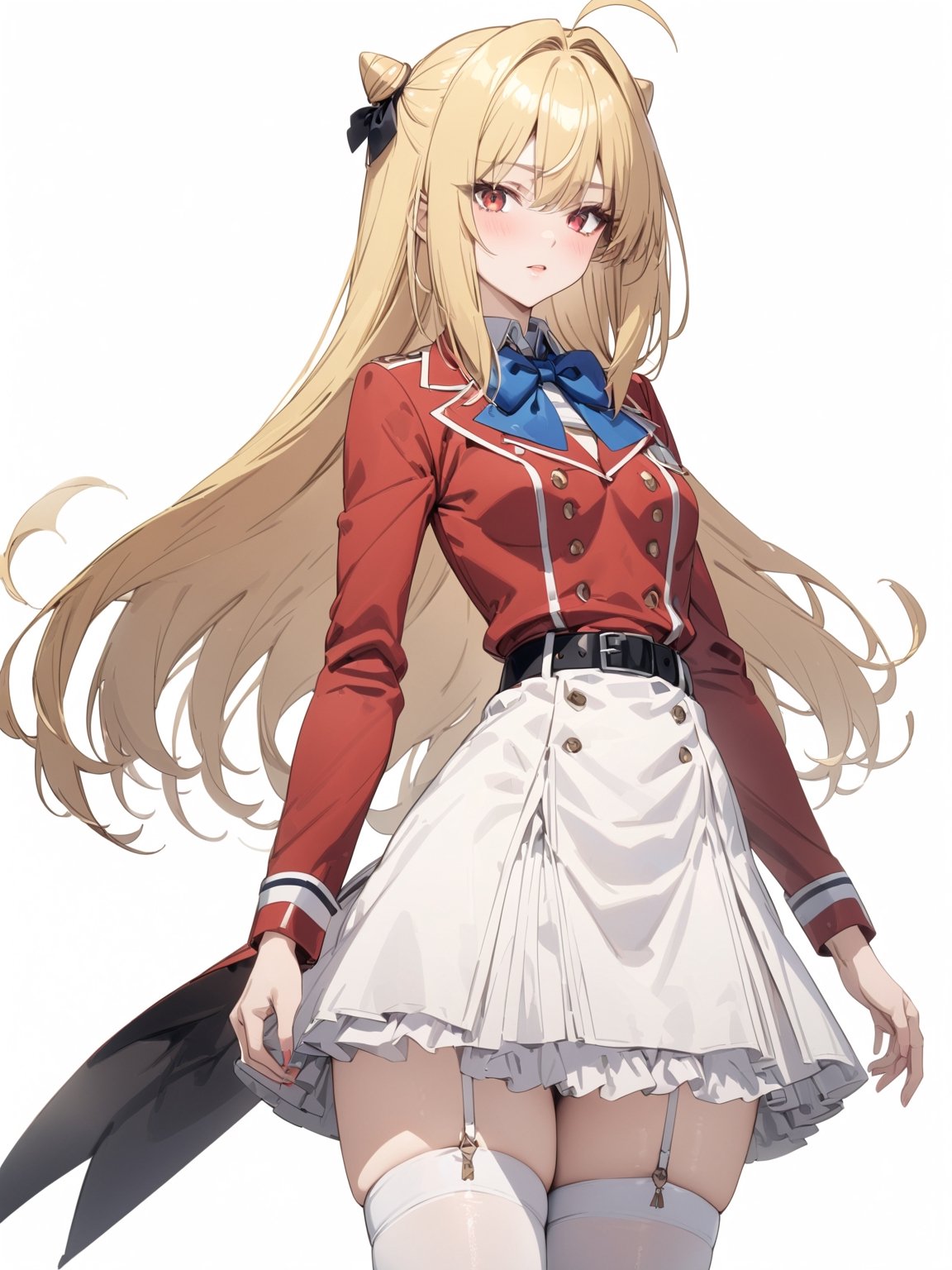 //Quality, masterpiece, best quality, detailmaster2, 8k, 8k UHD, ultra detailed, ultra-high resolution, ultra-high definition, highres, 
//Character, 1girl, solo,Terakomari, long hair, blonde hair, red eyes, ahoge, 
//Fashion, red coat, belt buckle, blue bowtie, long sleeves, white skirt, bow, white thighhighs, garter straps, boots, 
//Background, white background, 
//Others, 