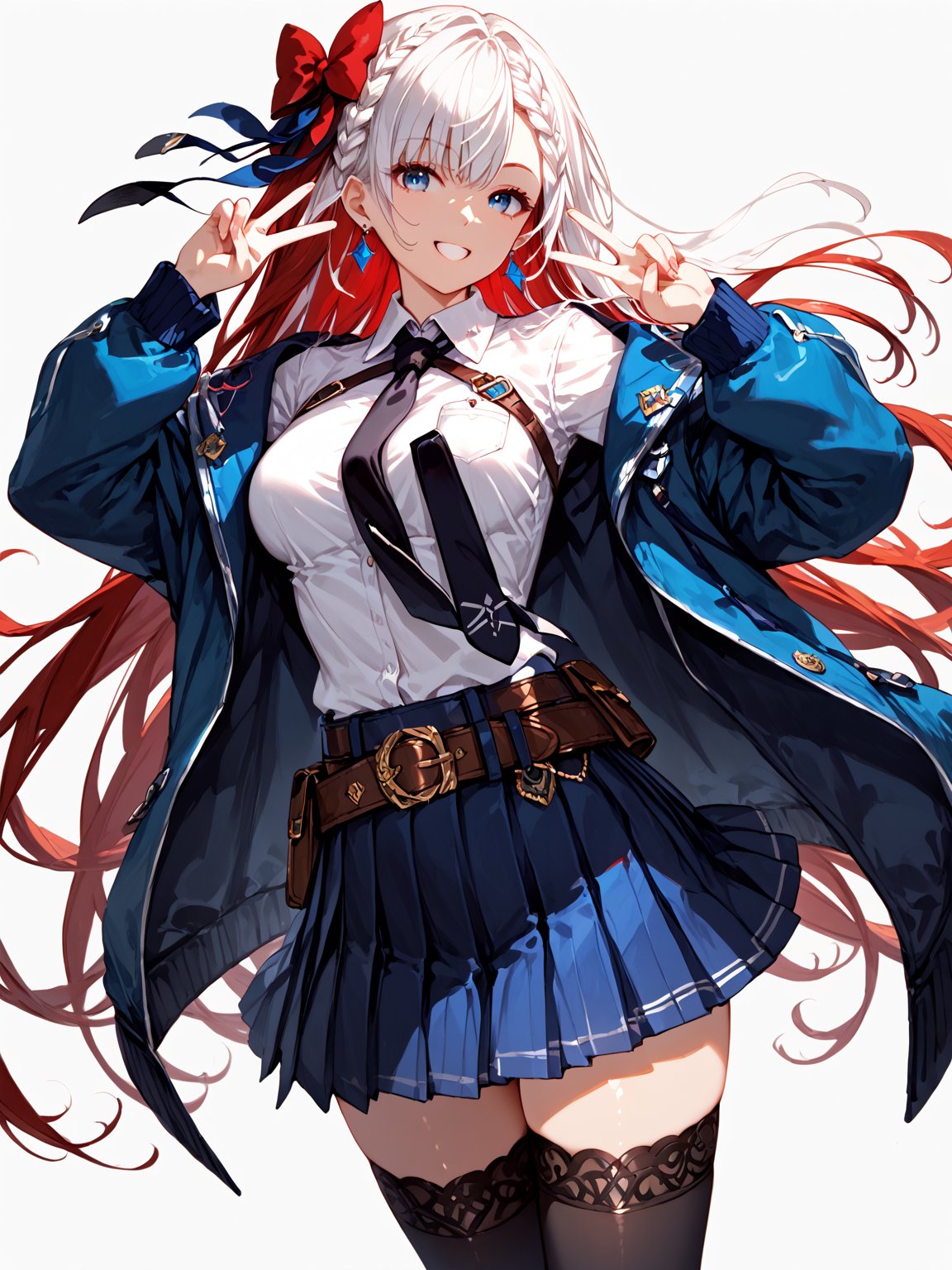 score_9,score_8_up,score_7_up,score_6_up, masterpiece, best quality
,//Character, 
1girl, solo,RiseliaRayCrystalia, very long hair, white hair, braid, blue eyes, medium breasts
,//Fashion, 
earrings, red hair bow, long sleeves, white shirt, collared shirt, black necktie, blue jacket, blue skirt, pleated skirt, black thighhighs, belt
,//Background, white_background
,//Others,
(making a V sign), smile,Expressiveh