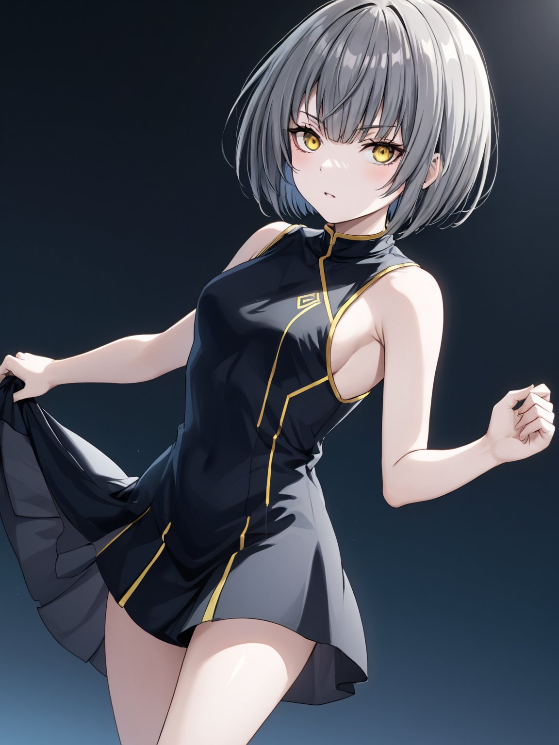 best quality, 8k, 8k UHD, ultra-high resolution, ultra-high definition, highres
,//Character, 
1girl, solo
,//Fashion, 
,//Background, 
,//Others, ,Expressiveh, 
Ataru, short hair, grey hair, yellow eyes, heterochromia, glowing, single horn, dress, legs,
A martial artist mid-kick, her gi revealing a glimpse of athletic physique.