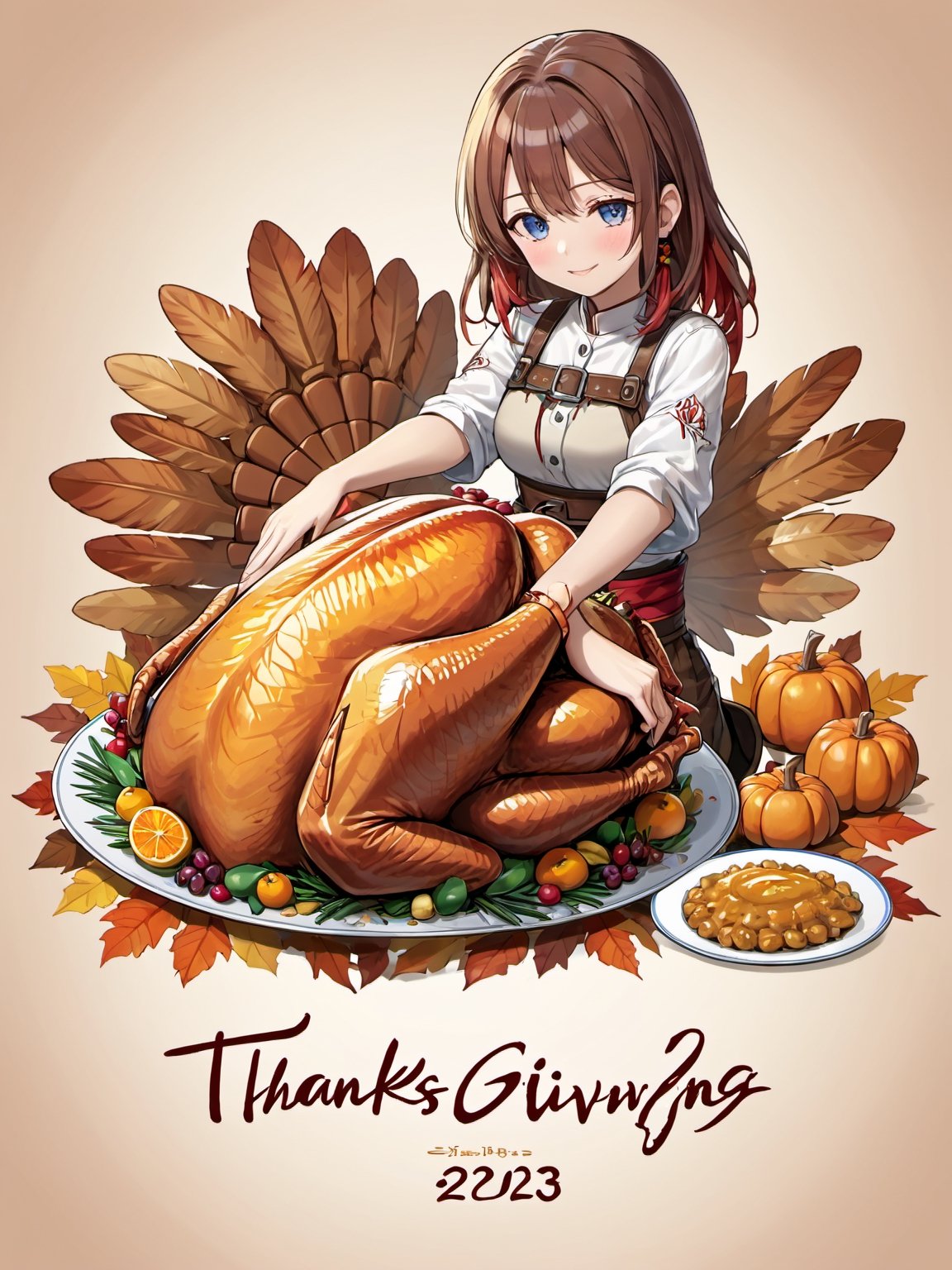 Seiza, ("THANKS GIVING 2023" text logo decorated, roasted turkey on your lap : 1.4), palms together, offering a prayer of thanksgiving, tears of gratitude, blushing, looking_at_viewer, cowboy_shot, 1girl,