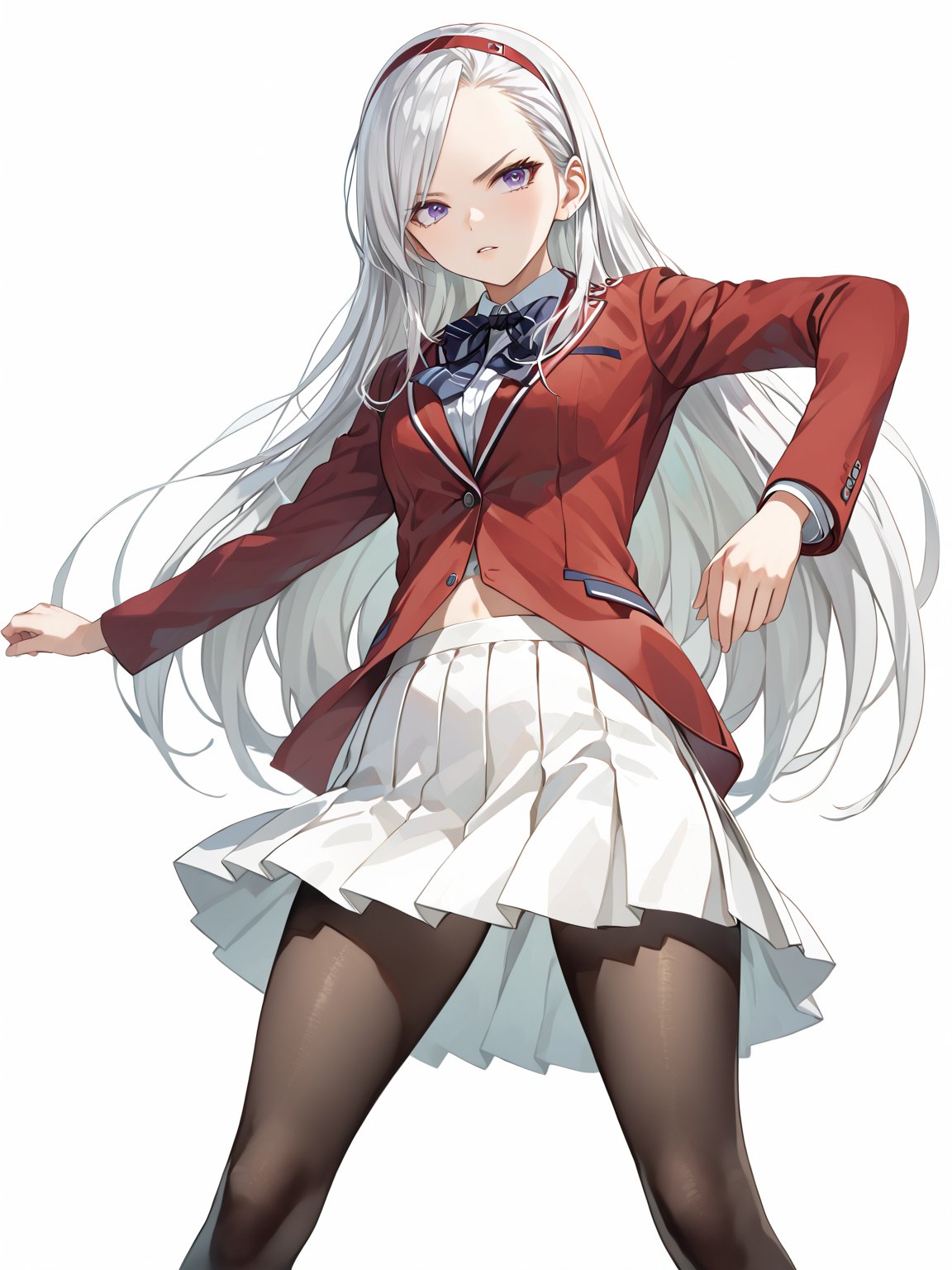 score_9,score_8_up,score_7_up,score_6_up, masterpiece, best quality, 8k, 8k UHD, ultra-high resolution, ultra-high definition, highres
,//Character, 
1girl, solo, long hair, white hair, purple eyes
,//Fashion, 
school uniform, red jacket, pantyhose, pleated skirt, hairband
,//Background, white_background
,//Others, ,Expressiveh,
fighting stance, dynamic pose,forehead