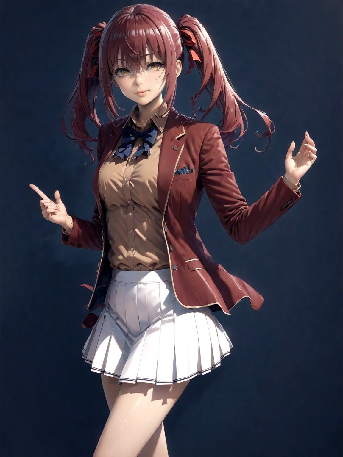 //Quality,
masterpiece, best quality, detailed
,//Character,
1girl, solo,AmasawaIchika, yellow eyes, red hair, twintails, medium breasts, bangs, hair between eyes, shiny hair, 
,//Fashion,
school uniform, red jacket, blazer, open jacket, long sleeves, open clothes, collared shirt, brown shirt, blue bowtie, hair ribbon, red ribbon, pleated skirt, white skirt, miniskirt, black footwear, black socks, loafers
,//Background,
,//Others,
standing, full body, closed mouth, smile, hand up, AmasawaIchika