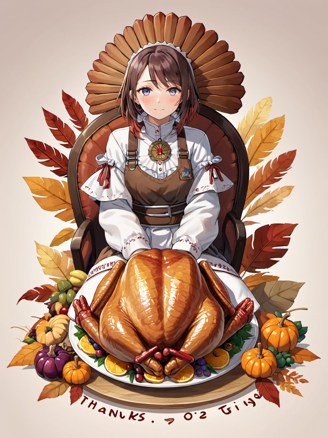 Seiza, ("THANKS GIVING 2023" text logo decorated, roasted turkey on your lap : 1.4), palms together, offering a prayer of thanksgiving, tears of gratitude, blushing, looking_at_viewer, cowboy_shot, 1girl,