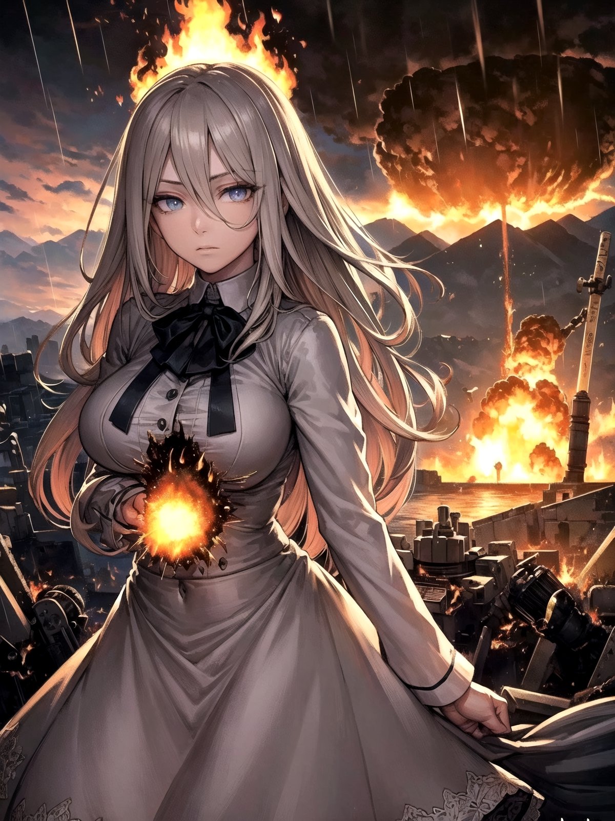 (((masterpiece))),best quality, illustration,(beautiful detailed girl),beautiful detailed glow,((flames of war)),(((nuclear explosion behide))),rain,detailed lighting,detailed water,(beautiful detailed eyes),expressionless,palace,azure hair,disheveled hair,long bangs,hairs between eyes,(whitegrey dress),black ribbon,white bowties,midriff,big forhead,blank stare,flower,long sleeves