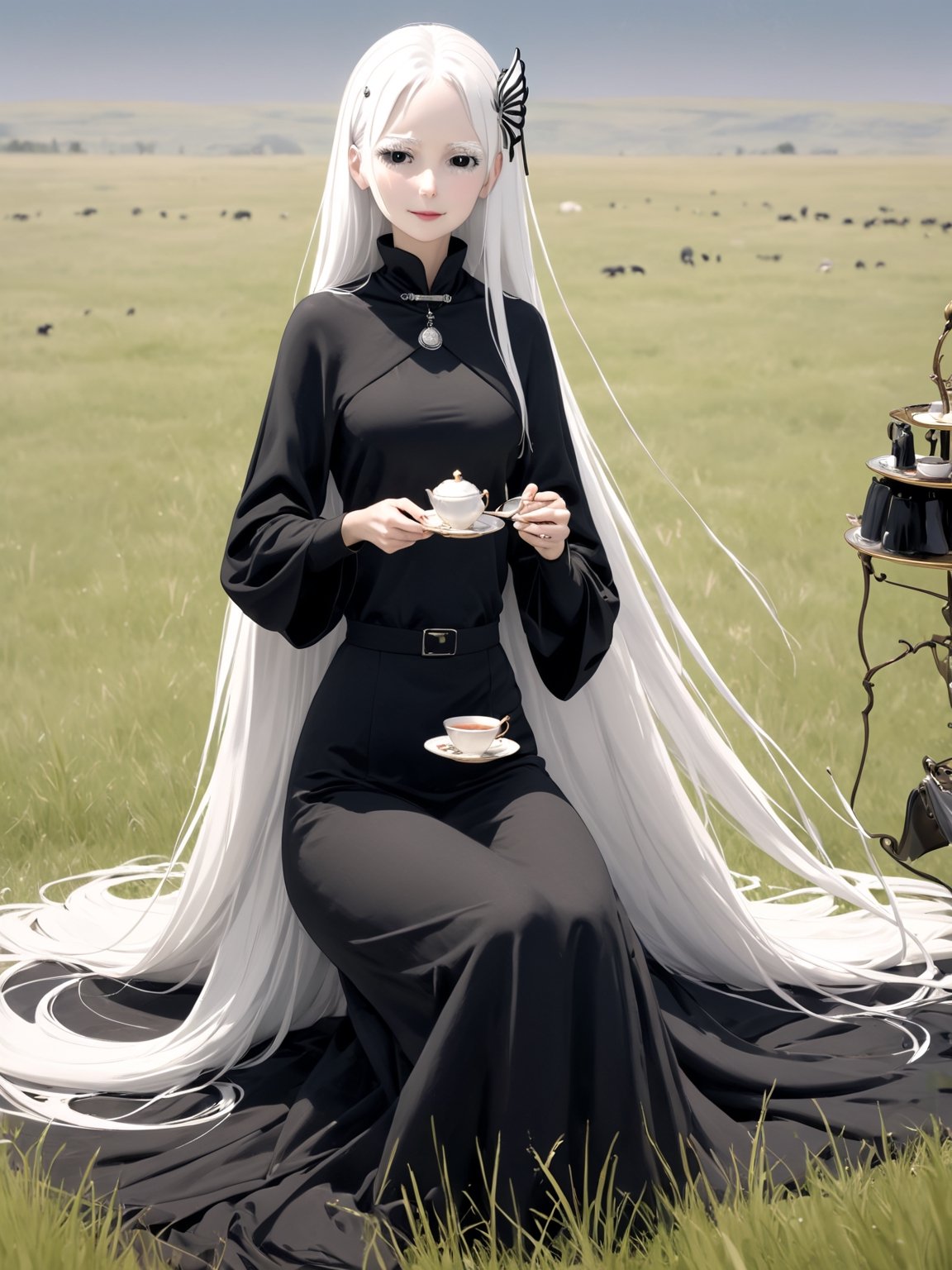 //Quality,
masterpiece, best quality, detailed
,//Character,
solo,echidna_rezero, 1girl, very long hair, white hair, black eyes, colored eyelashes
,//Fashion,
long sleeves, striped, black dress, long dress, hair ornament, black capelet
,//Background,
grassland, tea time
,//Others,
smile