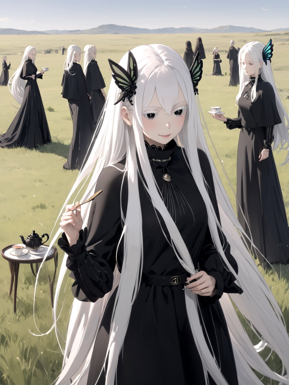 //Quality,
masterpiece, best quality, detailed
,//Character,
solo,echidna_rezero, 1girl, very long hair, white hair, black eyes, colored eyelashes
,//Fashion,
long sleeves, striped, black dress, long dress, hair ornament, black capelet
,//Background,
grassland, tea time
,//Others,
smile