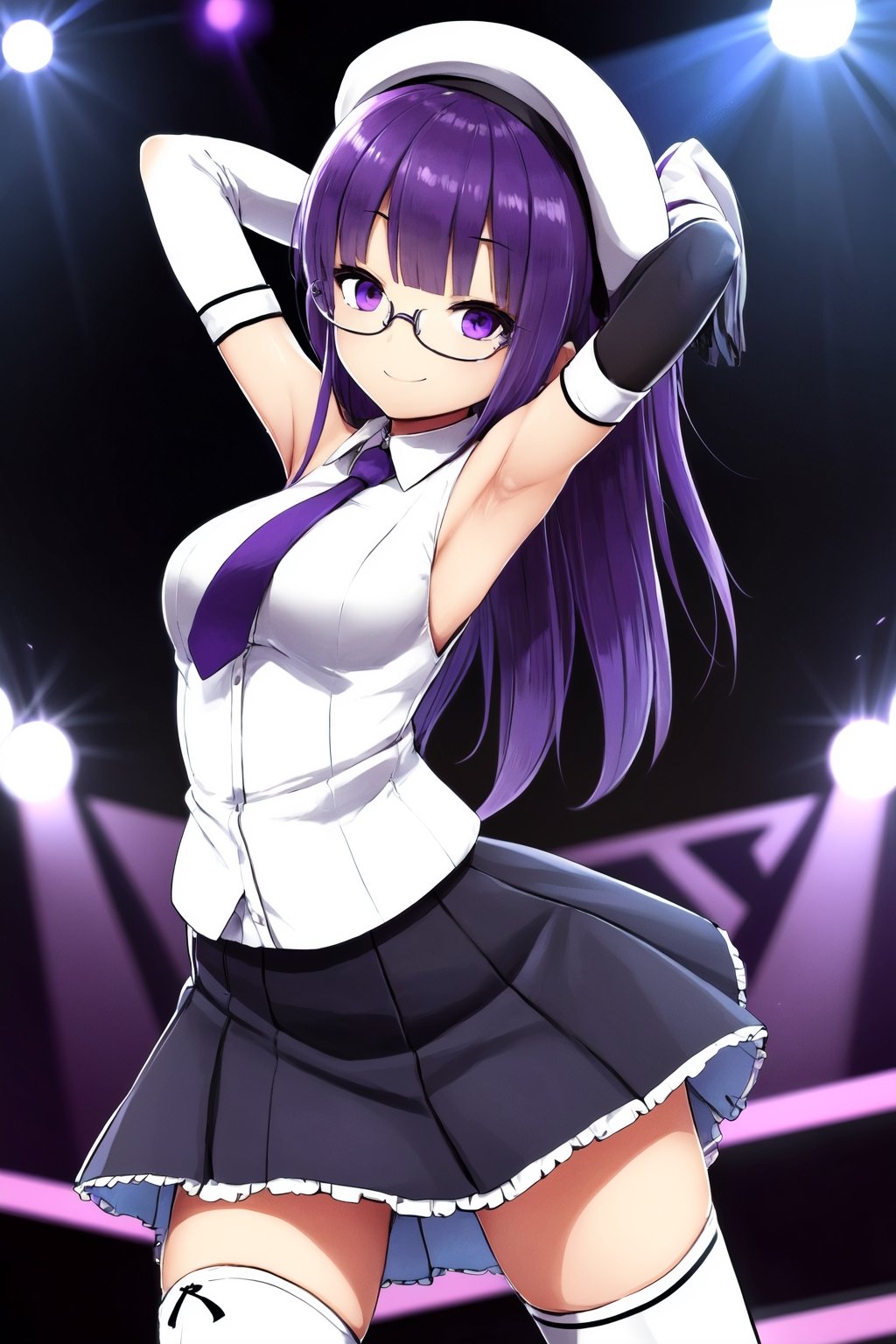 (best quality),(masterpiece),(ultra detailed),(highres),production art,solo,1girl, solo, hat, glasses, necktie, armpits, thighhighs, purple hair, smile, green-framed eyewear, looking at viewer, skirt, purple eyes, arms behind head, medium breasts, gloves, arms up, idol, breasts, bangs, stage, black thighhighs, semi-rimless eyewear, white headwear, zettai ryouiki, elbow gloves, sleeveless, stage lights, under-rim eyewear, beret, detached sleeves, standing, white skirt, shirt