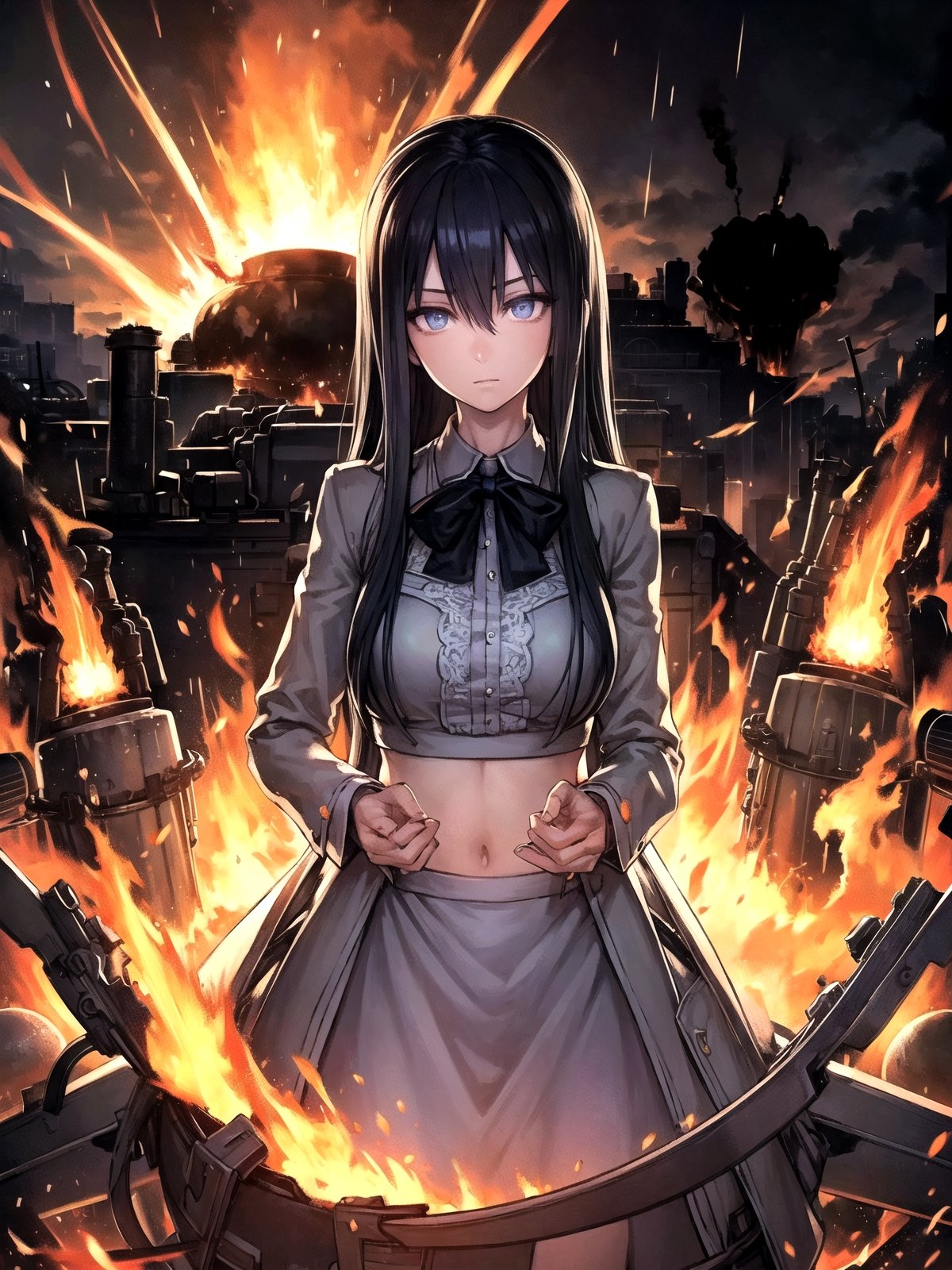 (((masterpiece))),best quality, illustration,(beautiful detailed girl),beautiful detailed glow,((flames of war)),(((nuclear explosion behide))),rain,detailed lighting,detailed water,(beautiful detailed eyes),expressionless,palace,azure hair,disheveled hair,long bangs,hairs between eyes,(whitegrey dress),black ribbon,white bowties,midriff,big forhead,blank stare,flower,long sleeves