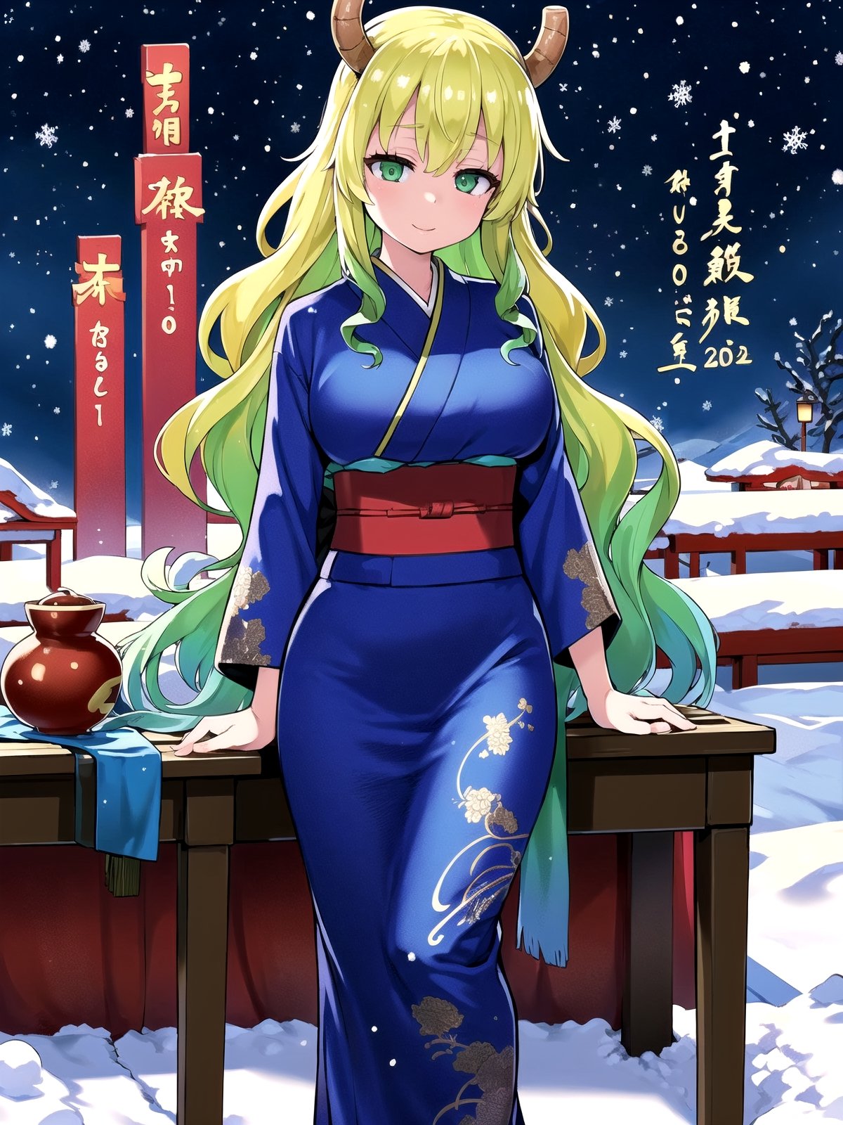 //Quality,
(masterpiece), (best quality), 8k illustration,
,//Character,
1girl, solo, large breasts
,//Fashion,
details (dark blue silk brocade kimono)
,//Background,
outdoors, winter, snow
,//Others,
happy new year 2024, dragon,lucoa