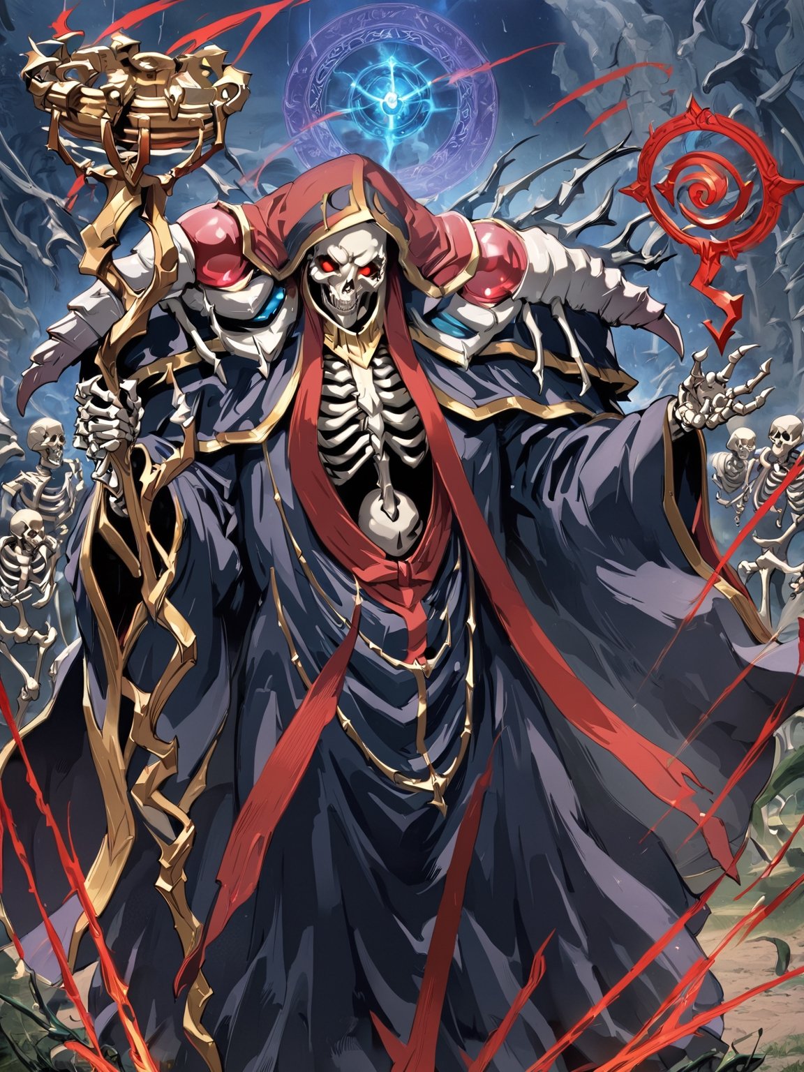 //Quality,
masterpiece, best quality, detailed
,//Character,
,ainz ooal gown \(overlord\), 1boy, solo, red eyes, skull, skeleton, glowing
,//Fashion,
hood, shoulder armor, robe, staff
,//Background,
battle field
,//Others,
magic chant, magic circle, open mouth, smile, (look up)