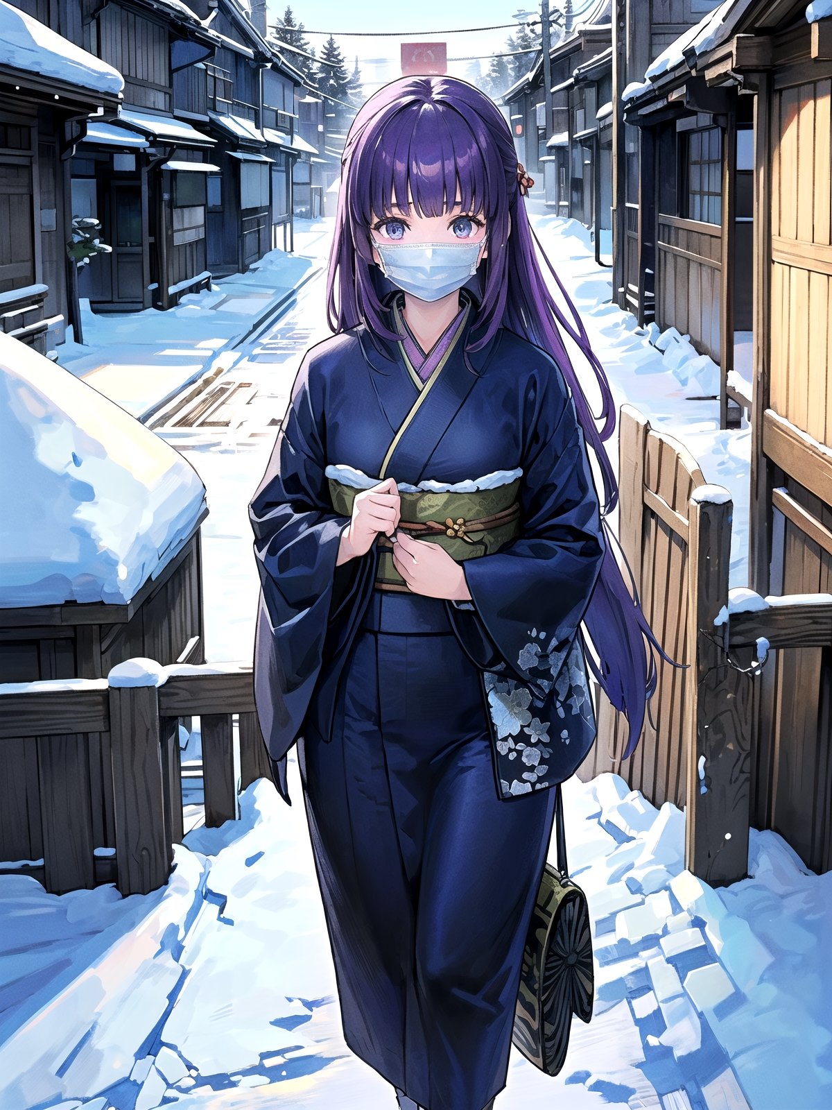 //Quality,
(masterpiece), (best quality), 8k illustration,
,//Character,
1girl, solo, 
,//Fashion,
details (dark blue silk brocade kimono)
,//Background,
Kyoto, outdoors, winter, snow
,//Others,
chin mask,goodbye,aafern, long hair