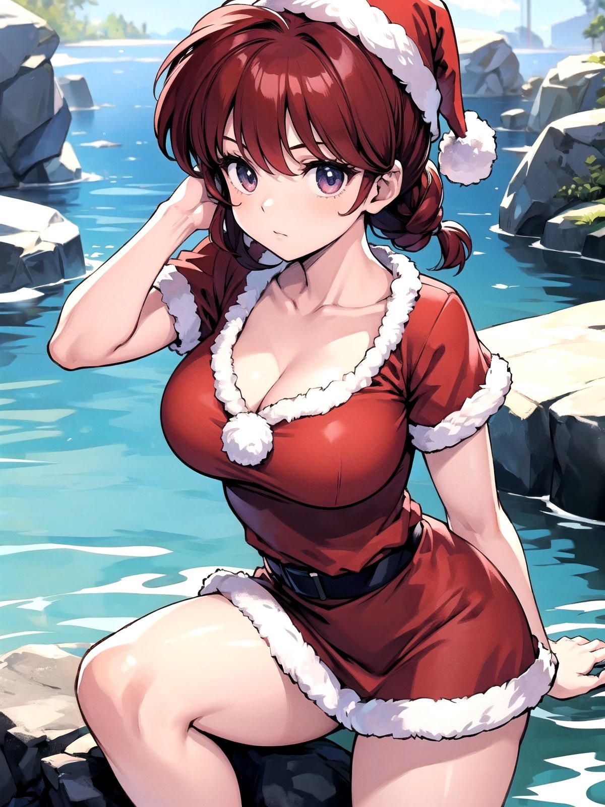 1girl, solo, Hot springs, Ranma style, female Santa,RanmaChan, red_hair,so-bin