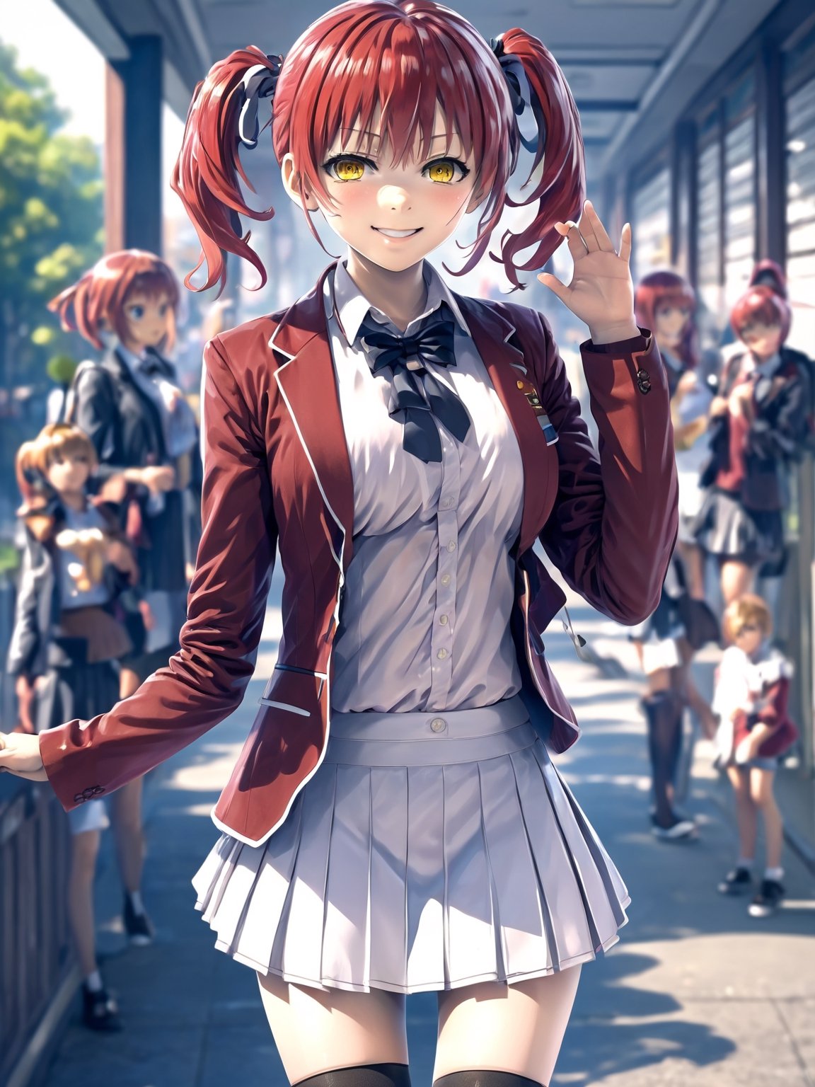 //Quality,
masterpiece, best quality, detailed
,//Character,
1girl, solo,AmasawaIchika, yellow eyes, red hair, twintails, medium breasts, bangs, hair between eyes, shiny hair, 
,//Fashion,
school uniform, red jacket, blazer, open jacket, long sleeves, open clothes, collared shirt, brown shirt, blue bowtie, hair ribbon, red ribbon, pleated skirt, white skirt, miniskirt, black footwear, black socks, loafers
,//Background,
,//Others,
standing, full body, closed mouth, smile, hand up