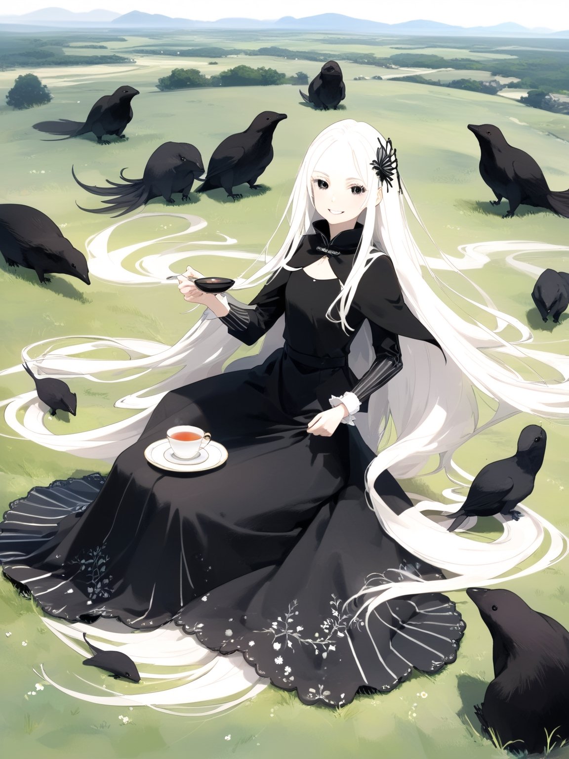 //Quality,
masterpiece, best quality, detailed
,//Character,
solo,echidna_rezero, 1girl, very long hair, white hair, black eyes, colored eyelashes
,//Fashion,
long sleeves, striped, black dress, long dress, hair ornament, black capelet
,//Background,
grassland, tea time
,//Others,
smile