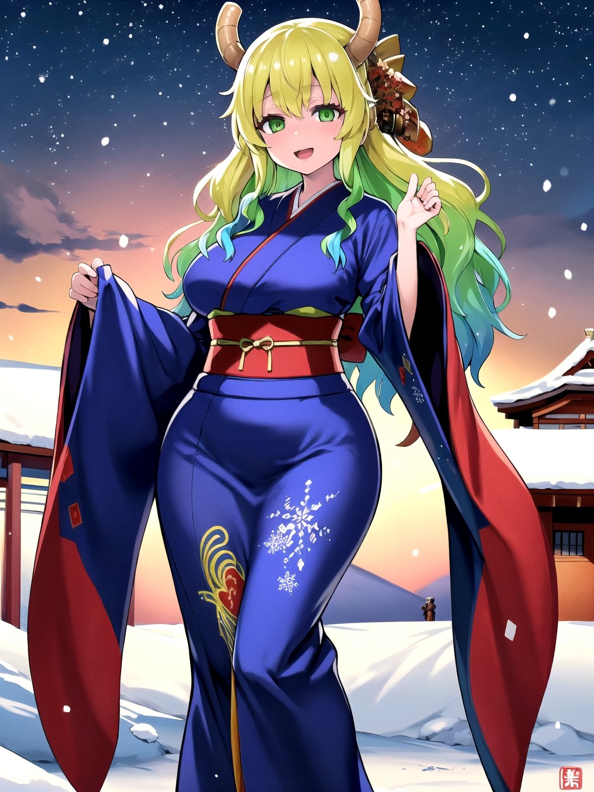 //Quality,
(masterpiece), (best quality), 8k illustration,
,//Character,
1girl, solo, large breasts
,//Fashion,
details (dark blue silk brocade kimono)
,//Background,
outdoors, winter, snow
,//Others,
happy new year 2024, dragon,lucoa